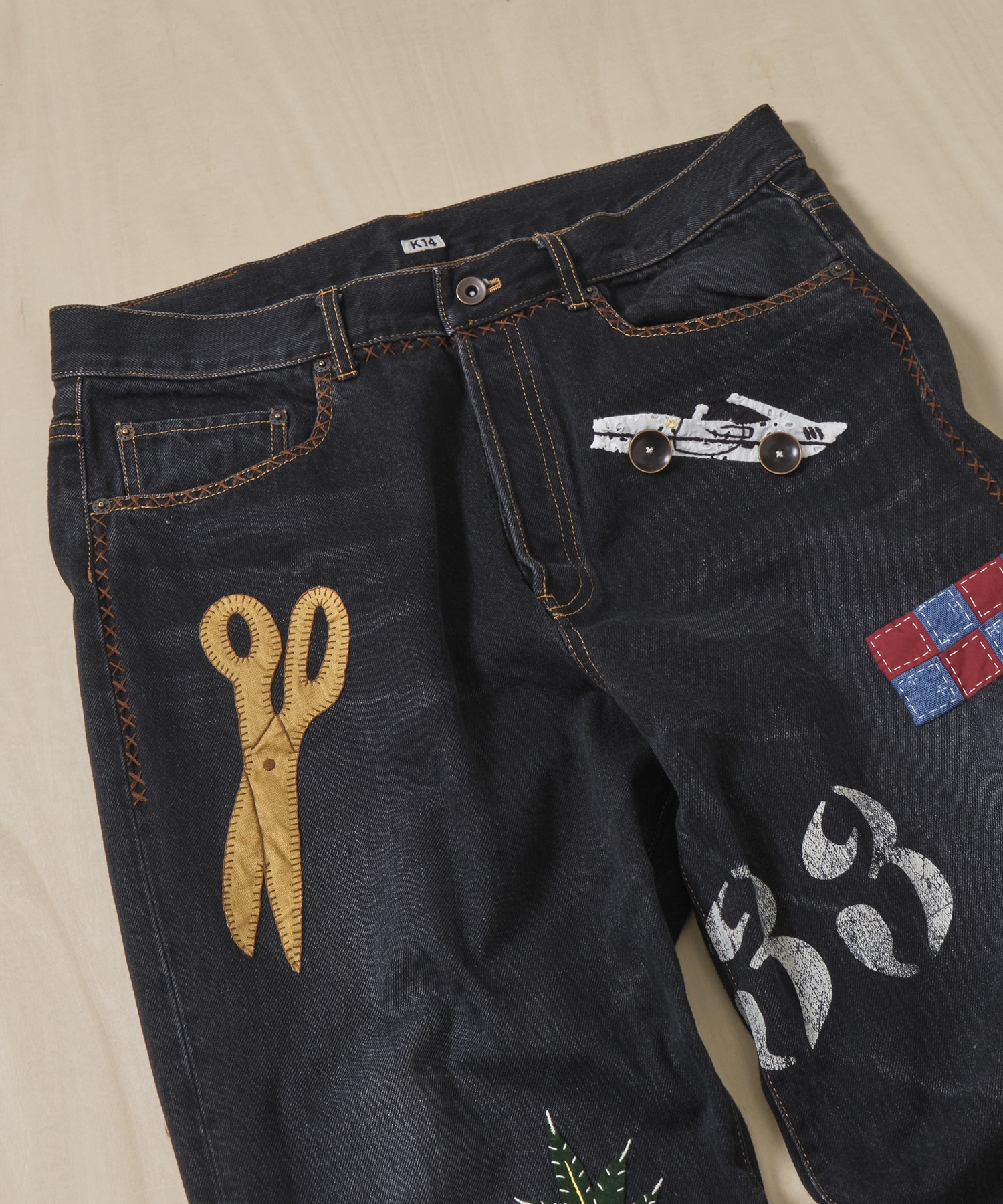 Hand-Embroidered Denim Pants KHOKI