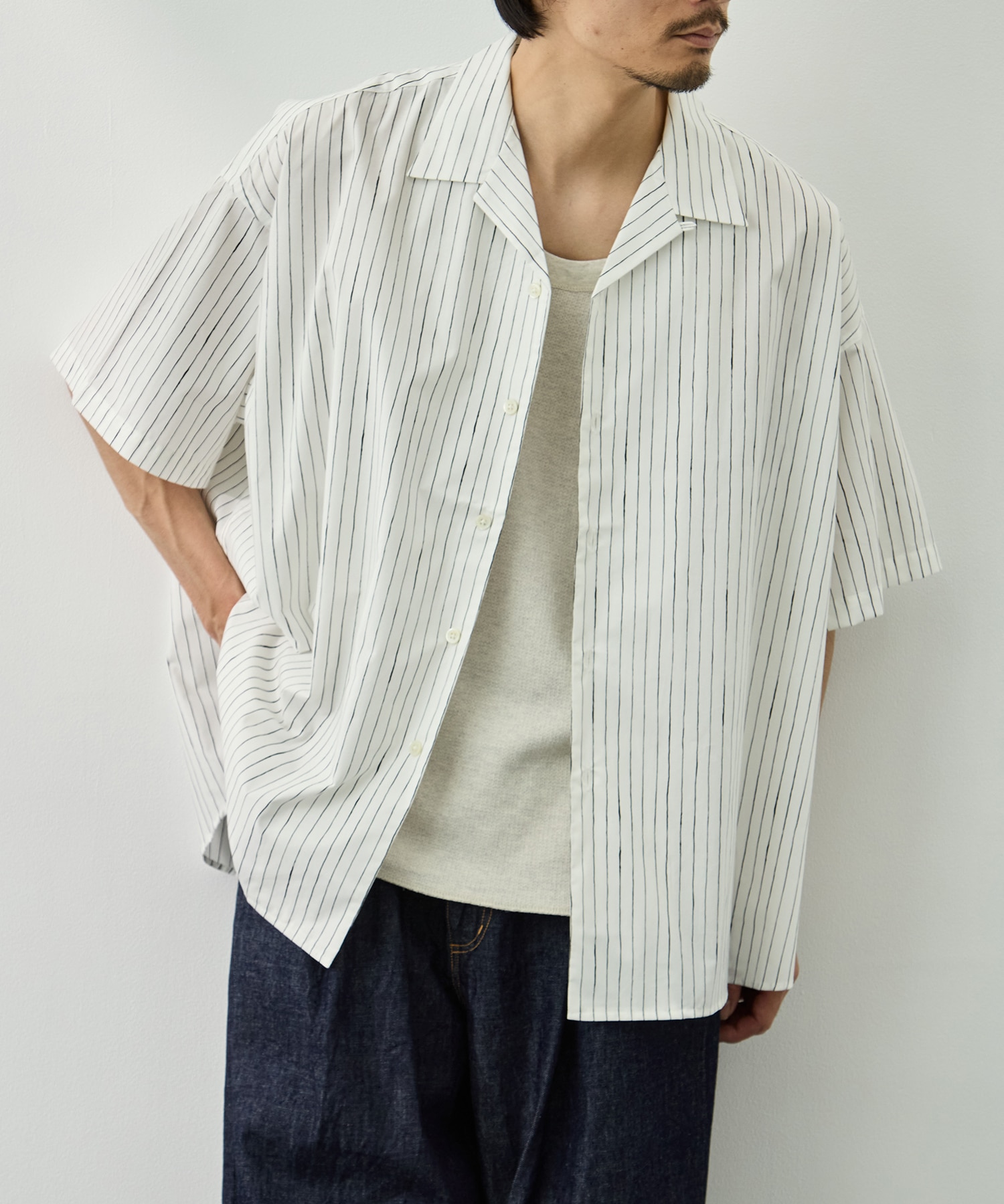 COTTON STRIPE OPEN COLLAR SS SHIRT S.F.C