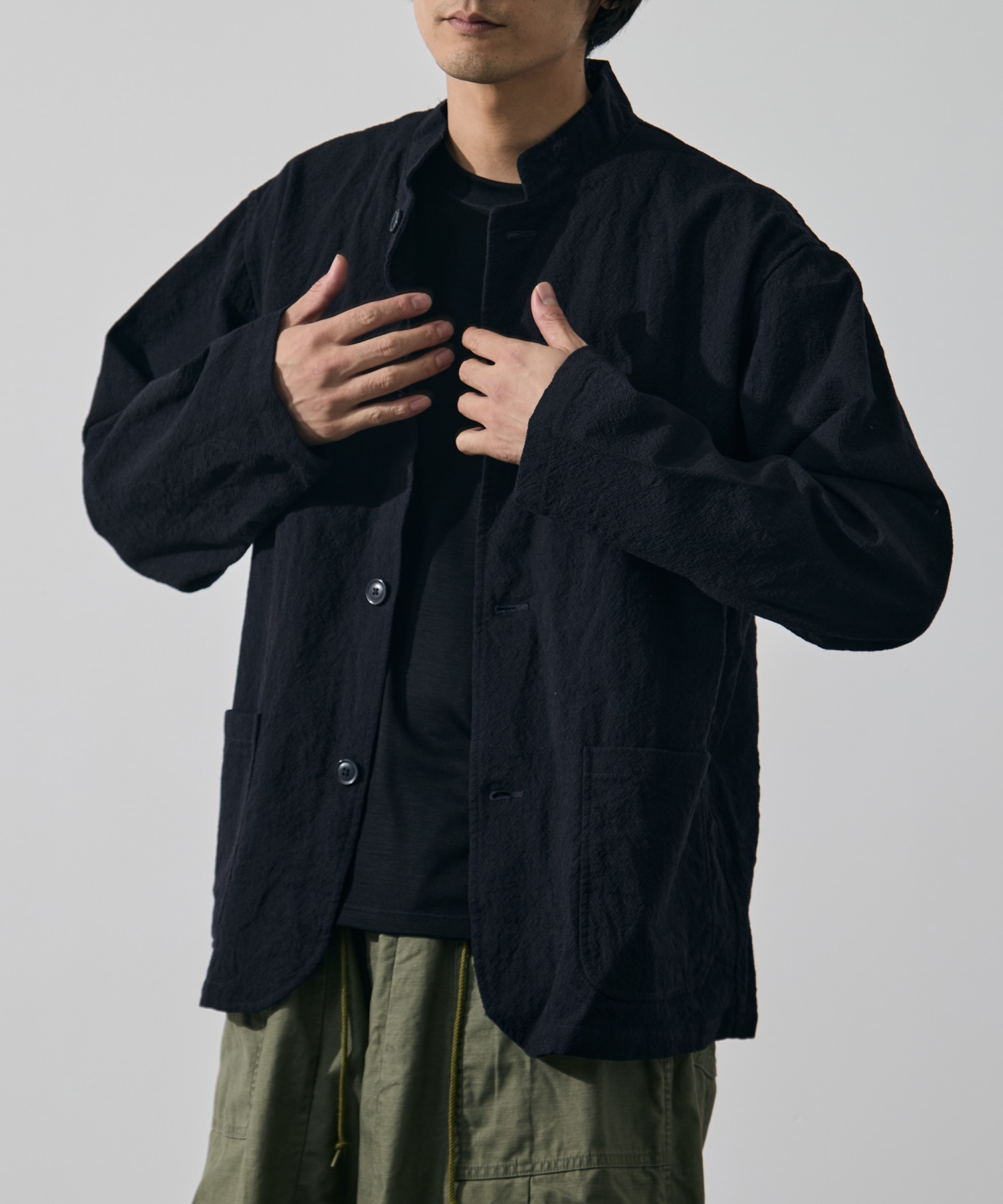 Stand Collar Jacket - Wool Diagonal Jacquard Needles