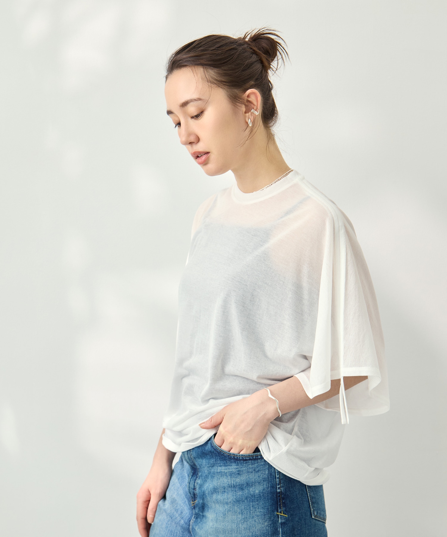 Sheer Jersey Gathered Shoulder Top PHEENY