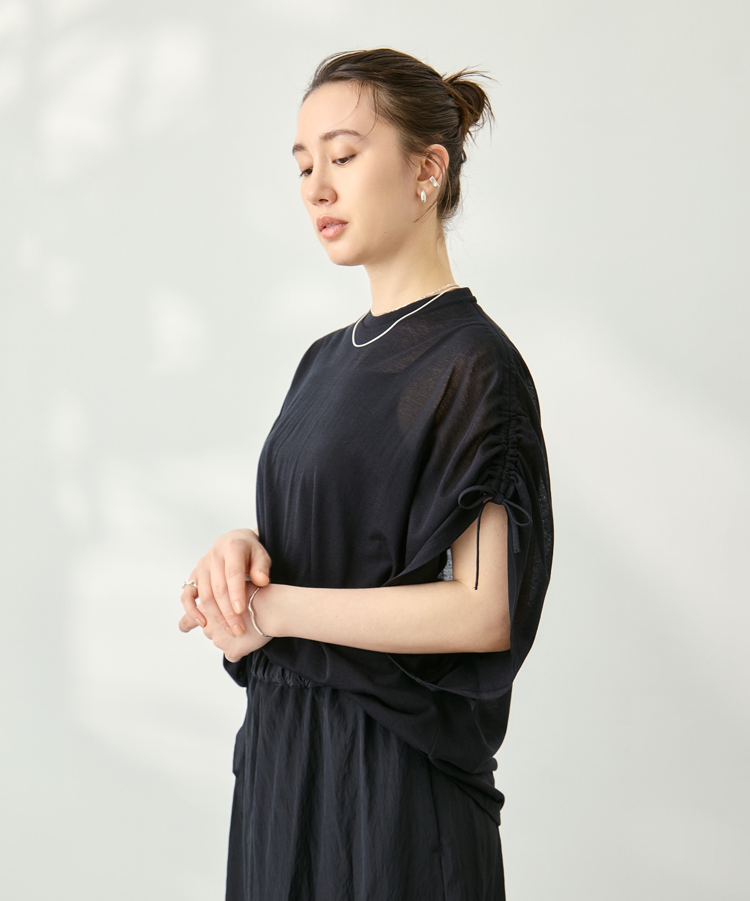 Sheer Jersey Gathered Shoulder Top PHEENY