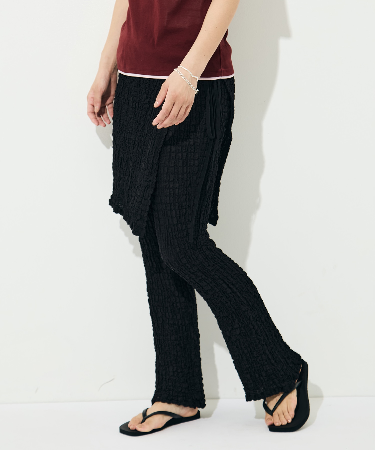 Shrink Lace Apron-Layered Flare Pants PHEENY