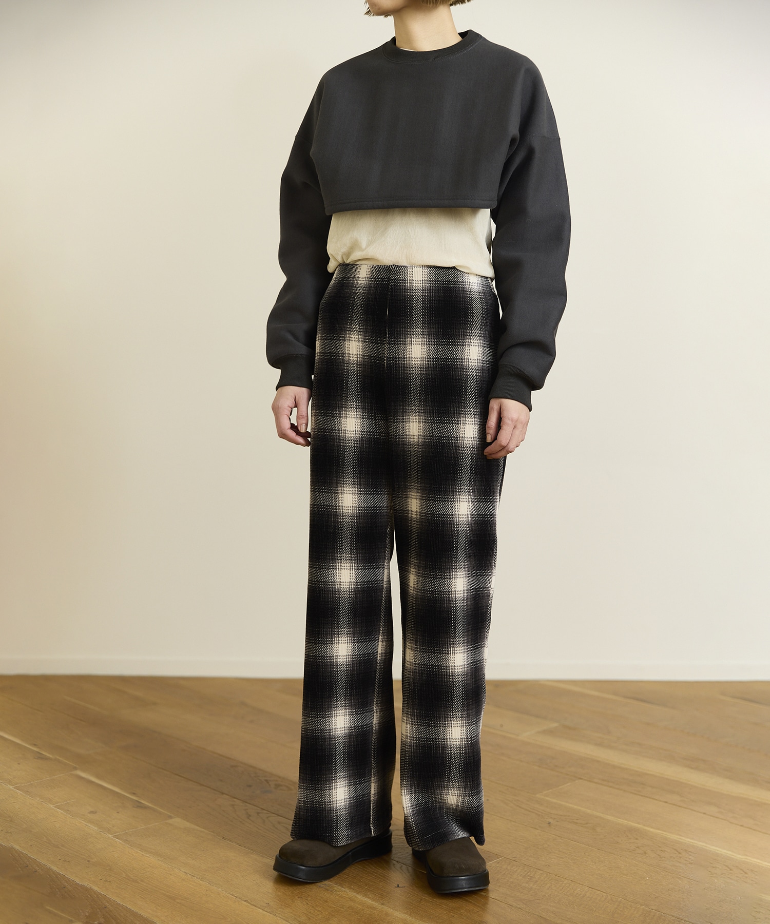 Ombre Check Stretch Corduroy Wide Pants PHEENY