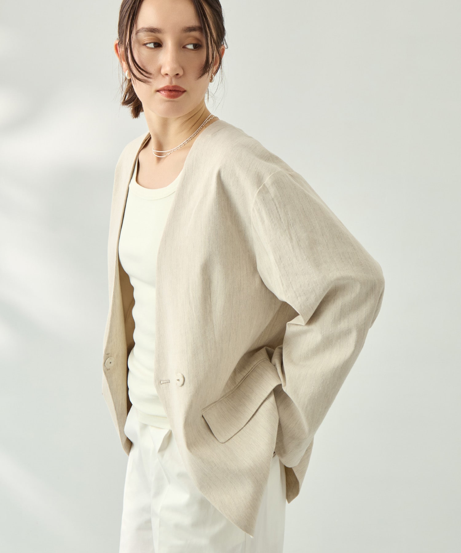 コットンリネンノーカラージャケット KEY TIMEZ