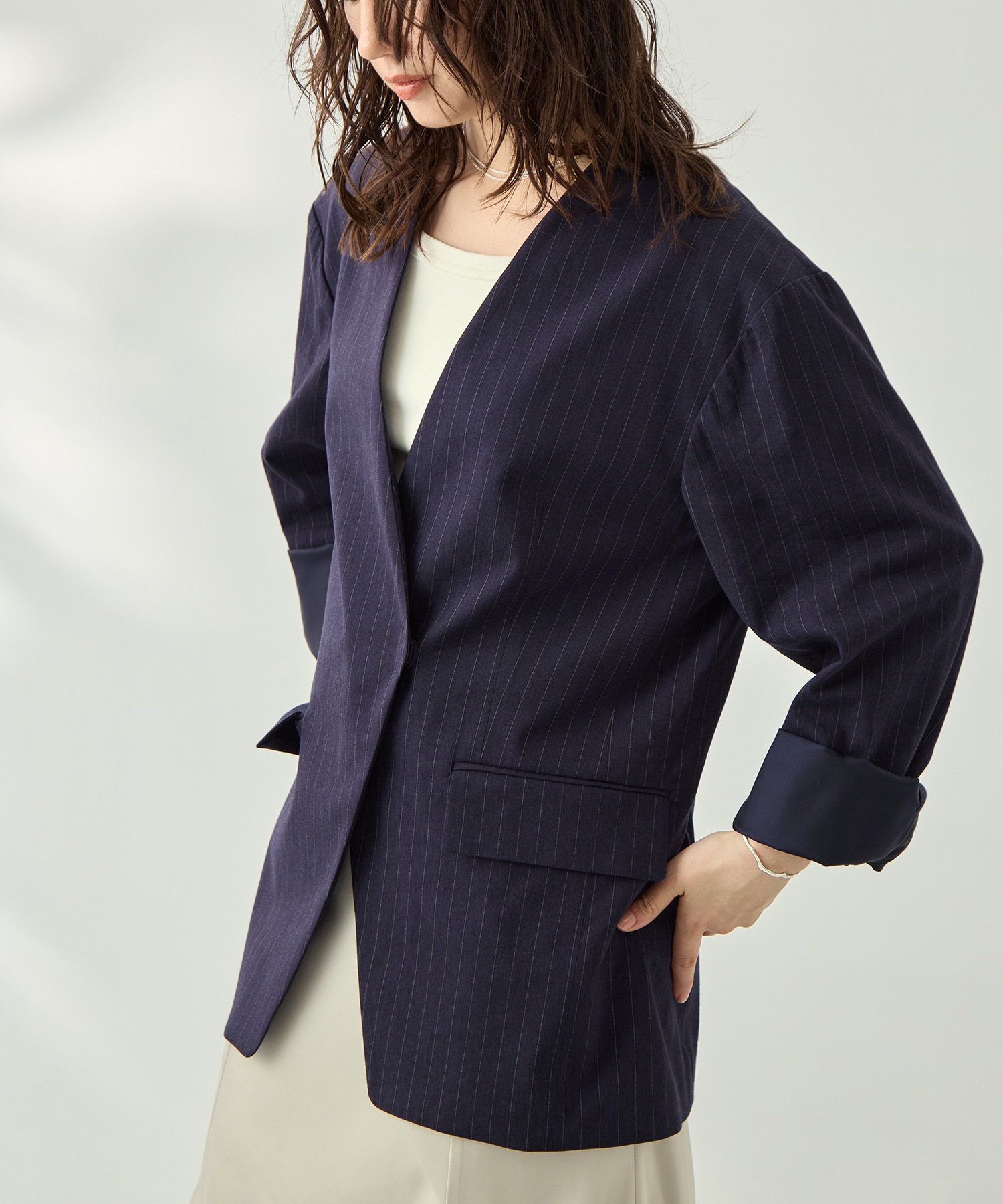 コットンリネンノーカラージャケット KEY TIMEZ