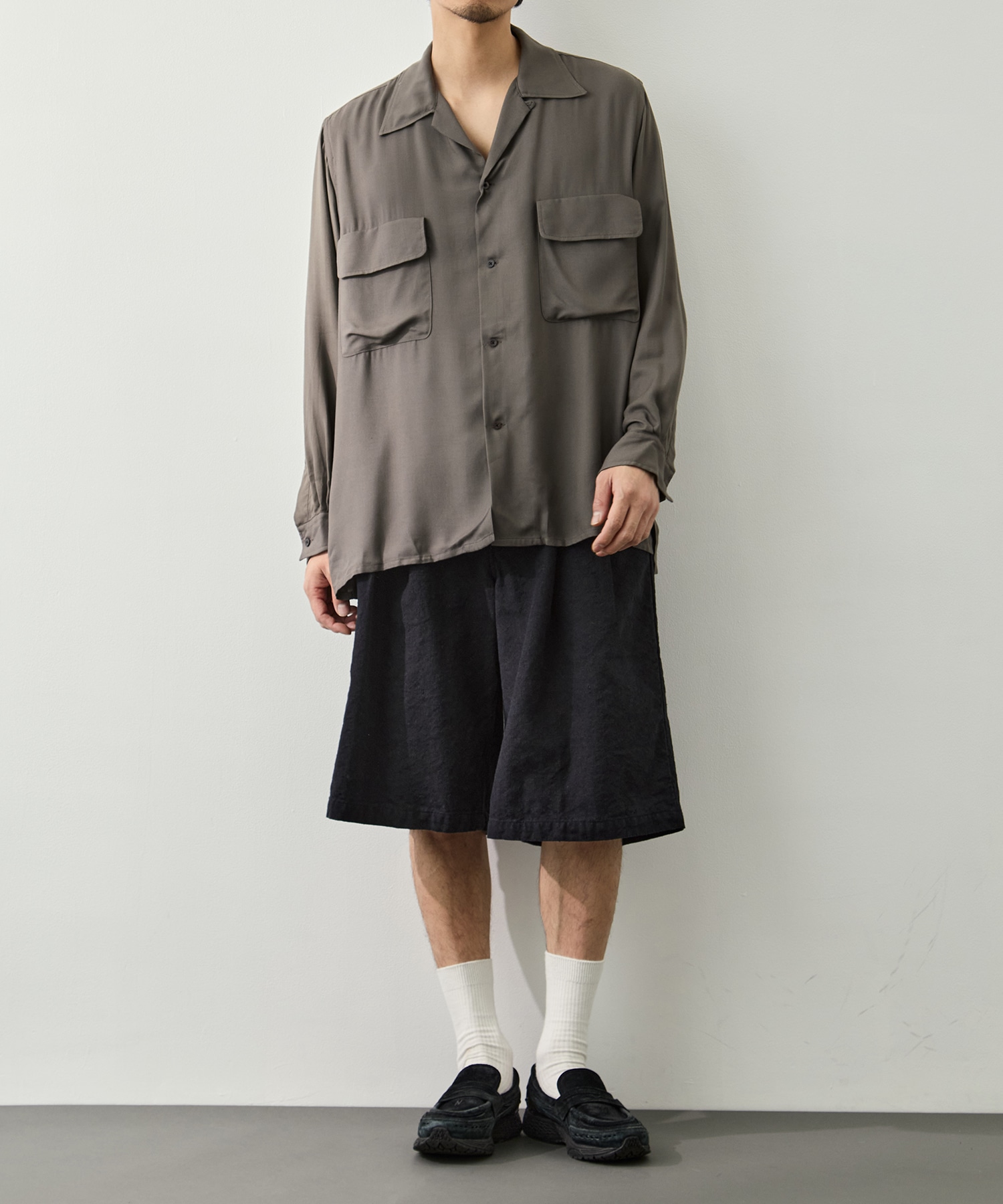 Modal Double Pocket Open Collar Shirt(2 DARK GREY): YOKE: MENS
