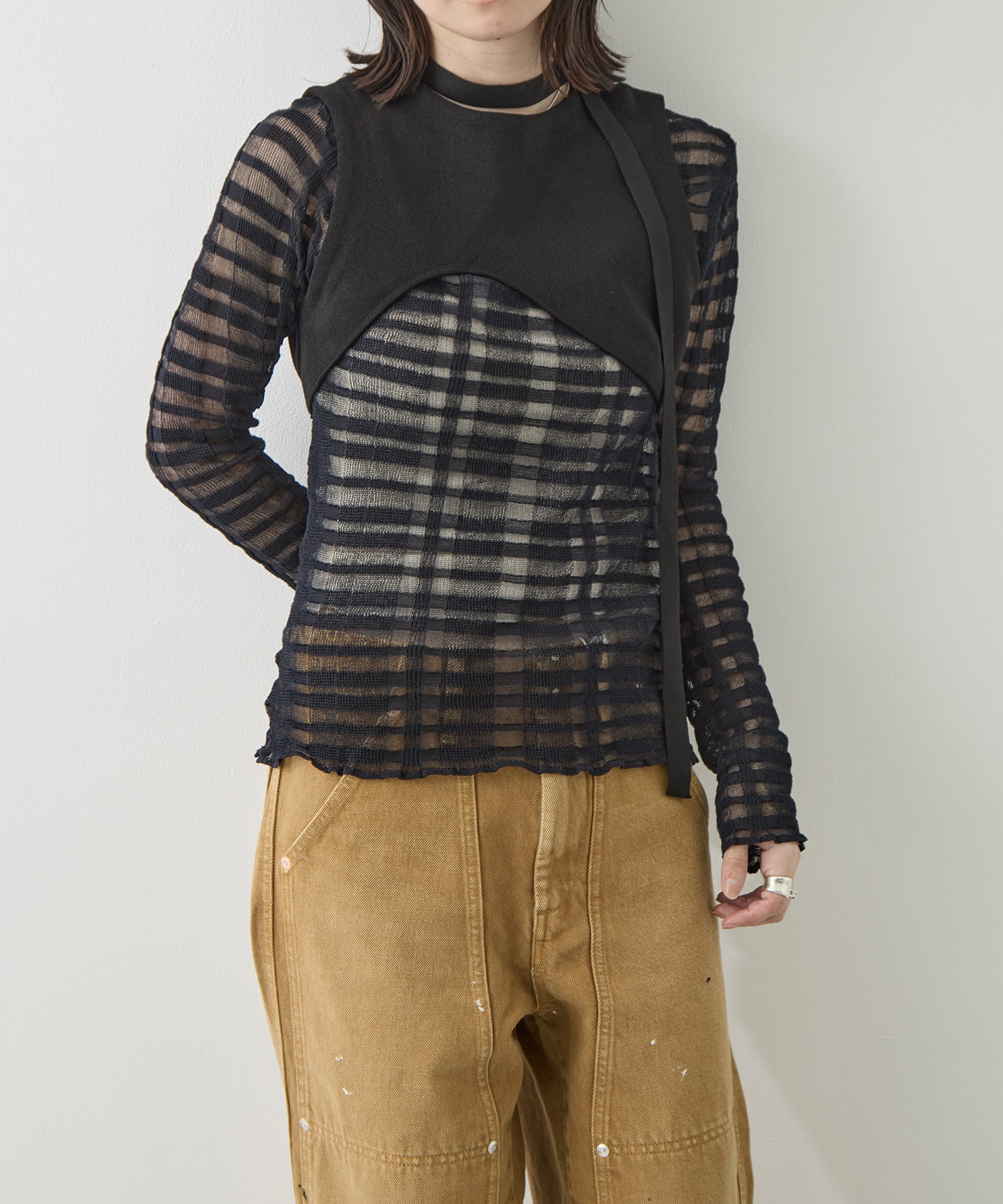 FLOWING CHECKED KNIT PULLOVER TAN