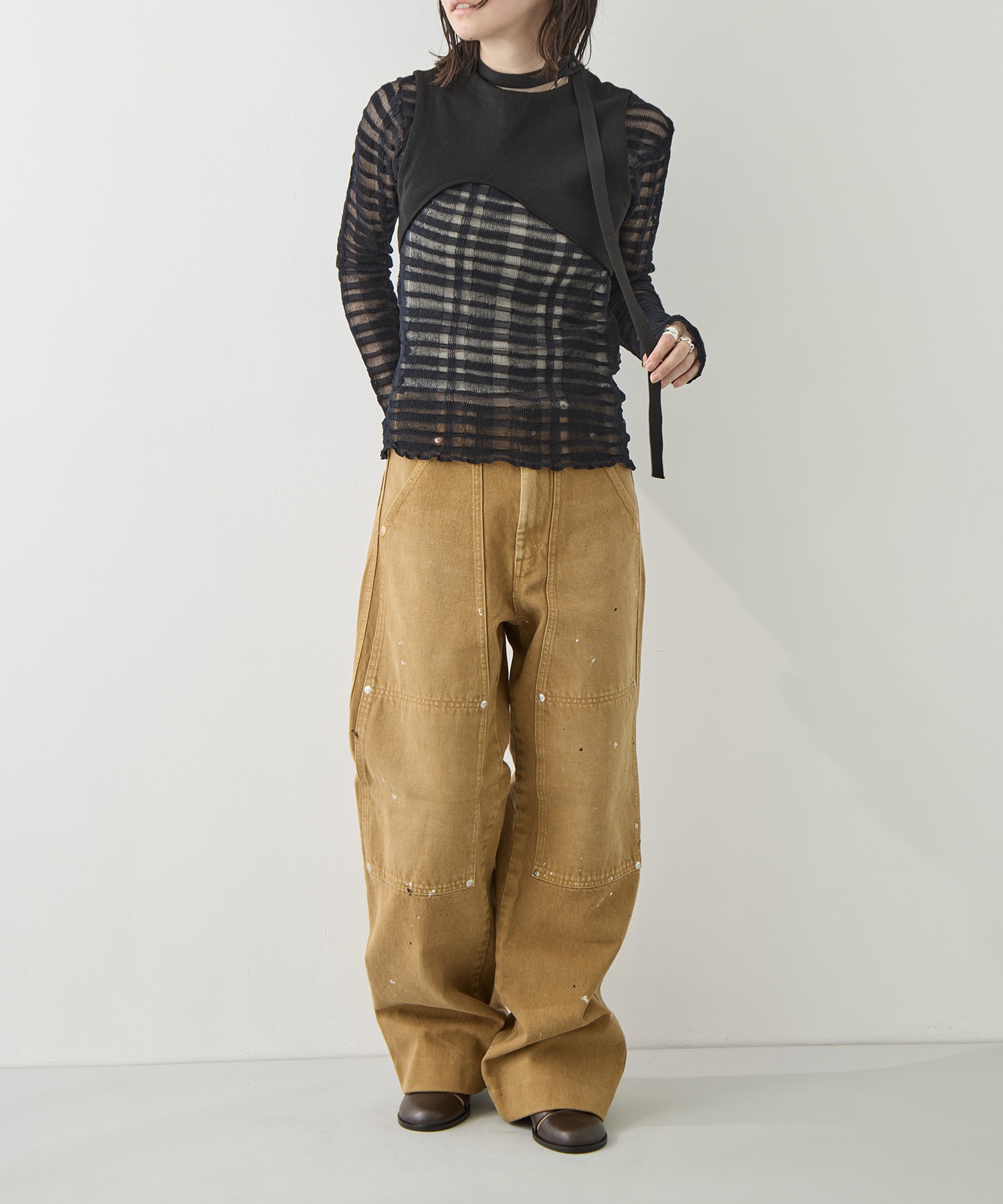 FLOWING CHECKED KNIT PULLOVER TAN