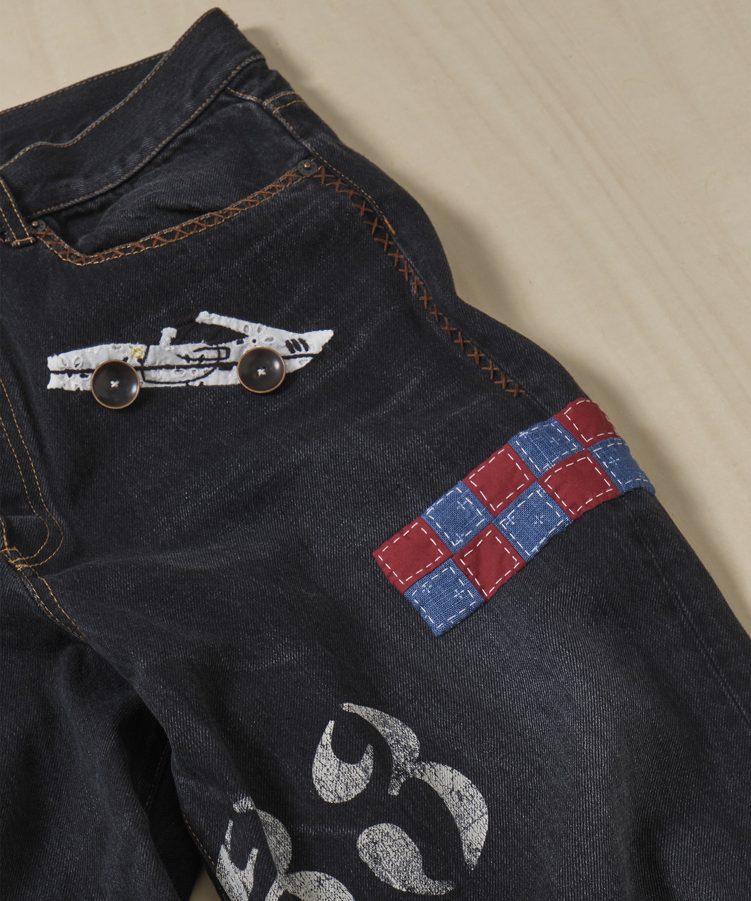 Hand-Embroidered Denim Pants KHOKI