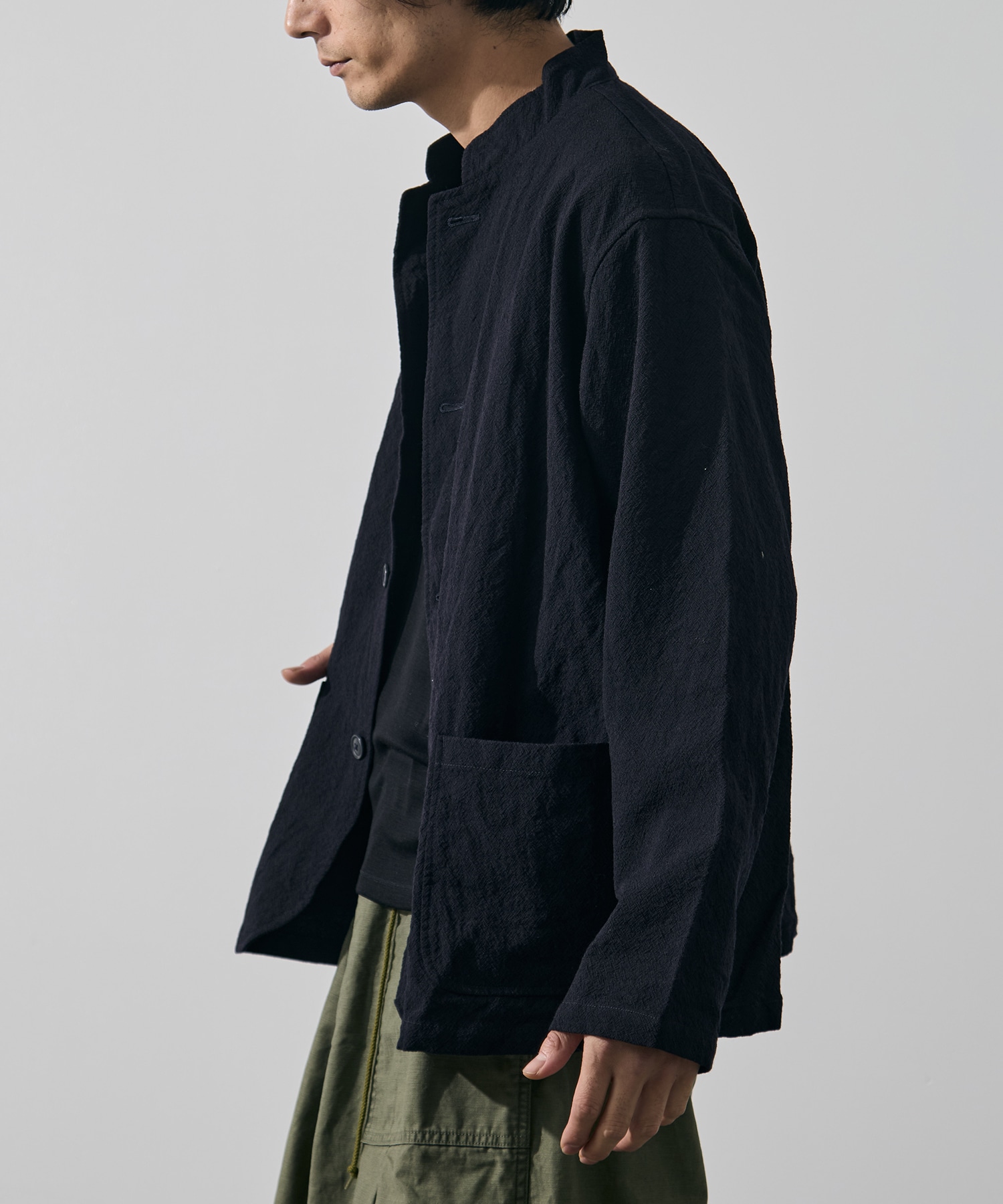 Stand Collar Jacket - Wool Diagonal Jacquard Needles