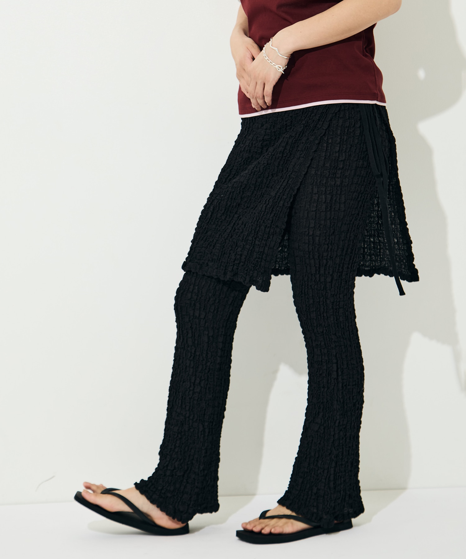 Shrink Lace Apron-Layered Flare Pants PHEENY
