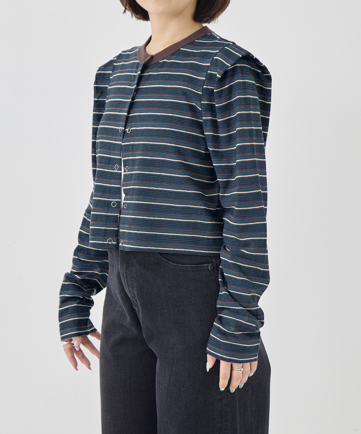 Multi-Border Tucked Shoulder Cardigan PHEENY