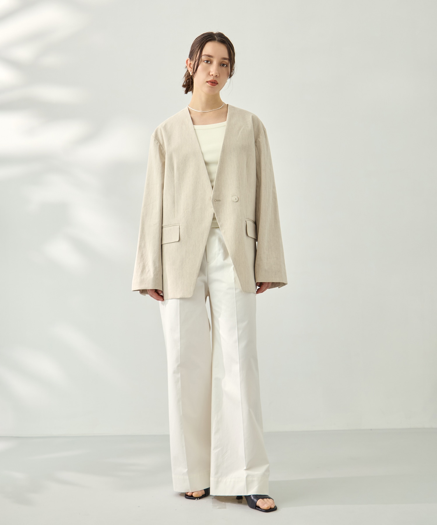 コットンリネンノーカラージャケット KEY TIMEZ