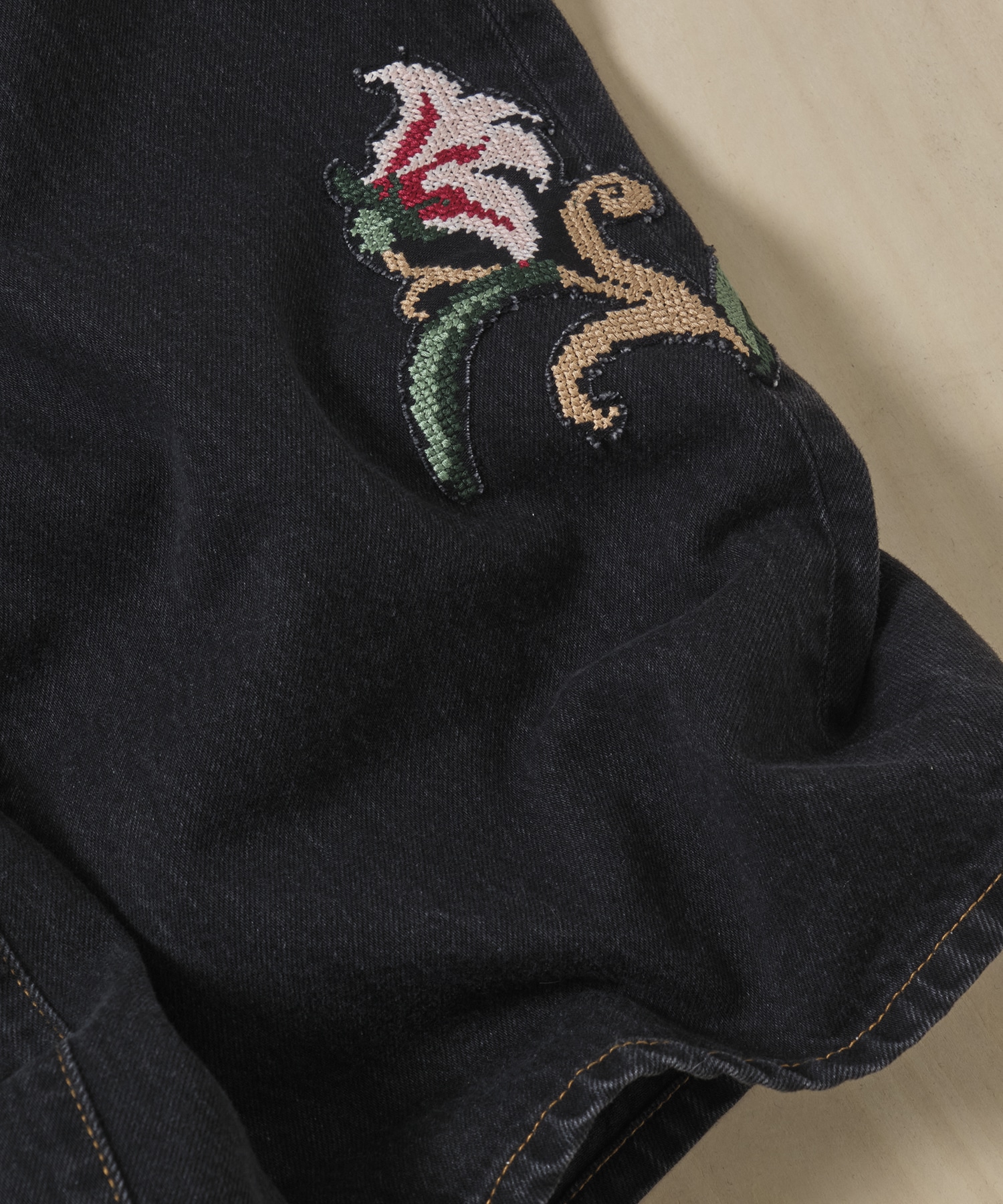 Hand-Embroidered Denim Pants KHOKI