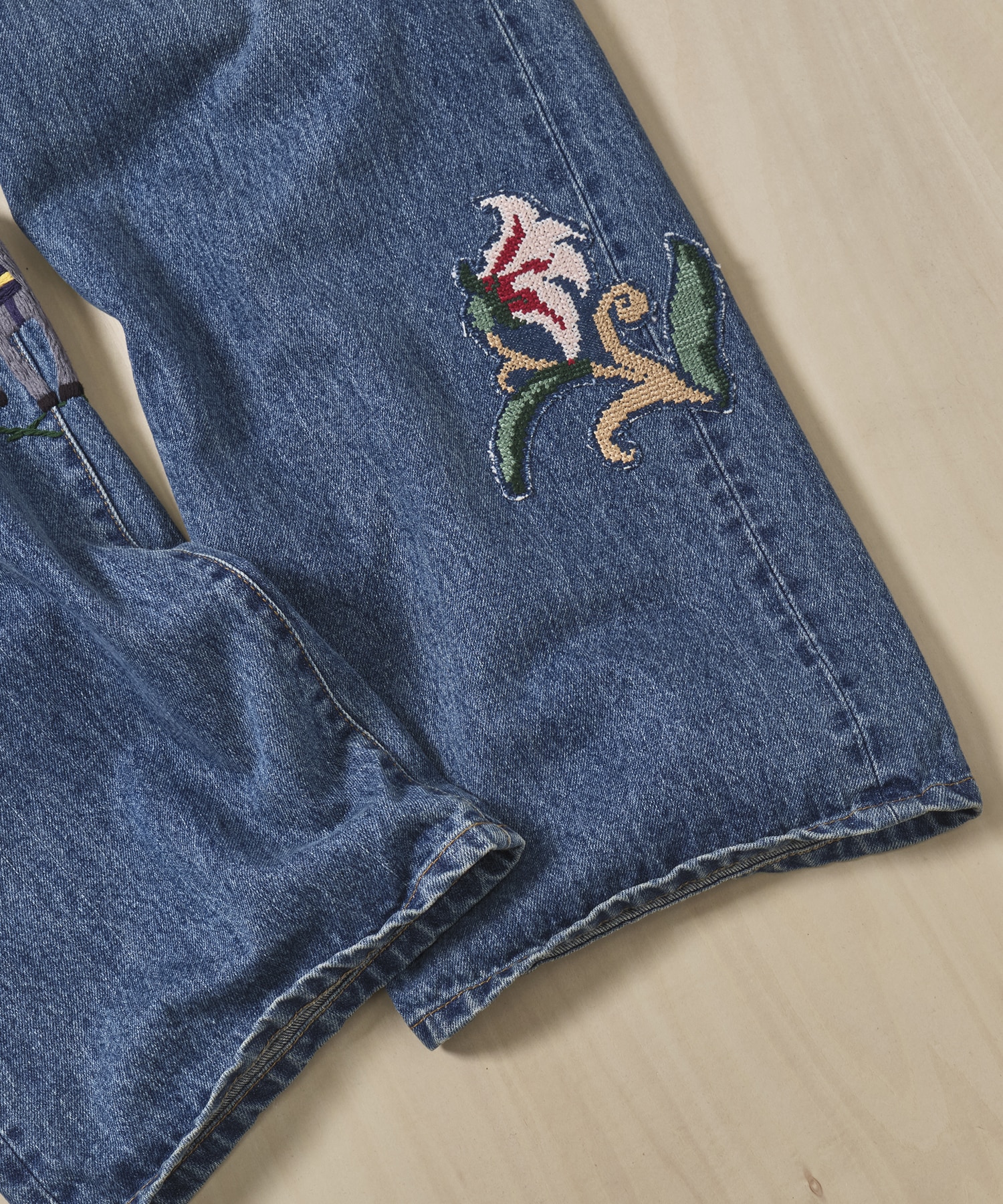 Hand-Embroidered Denim Pants KHOKI
