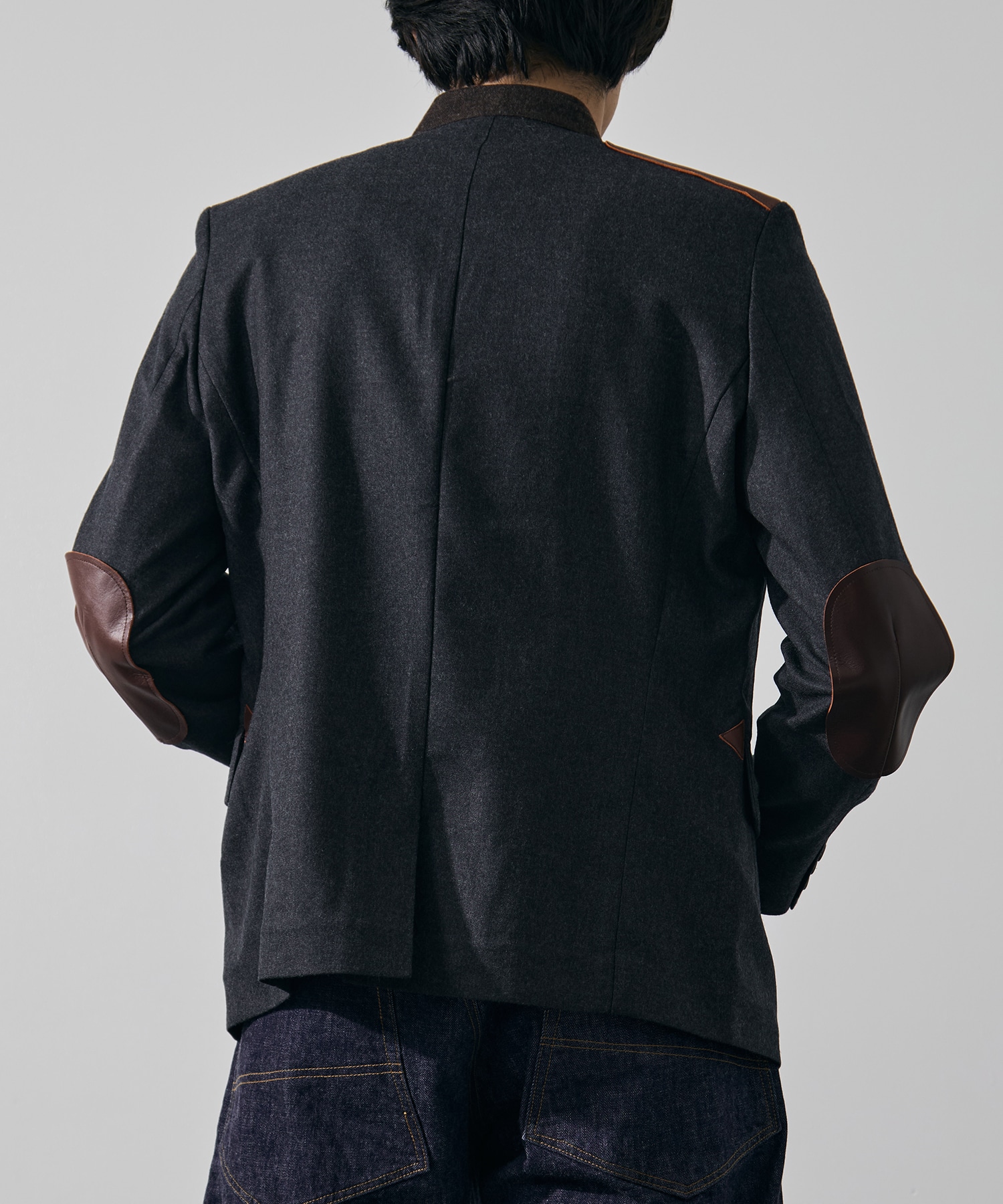Leather-patch no-collar jacket KHOKI