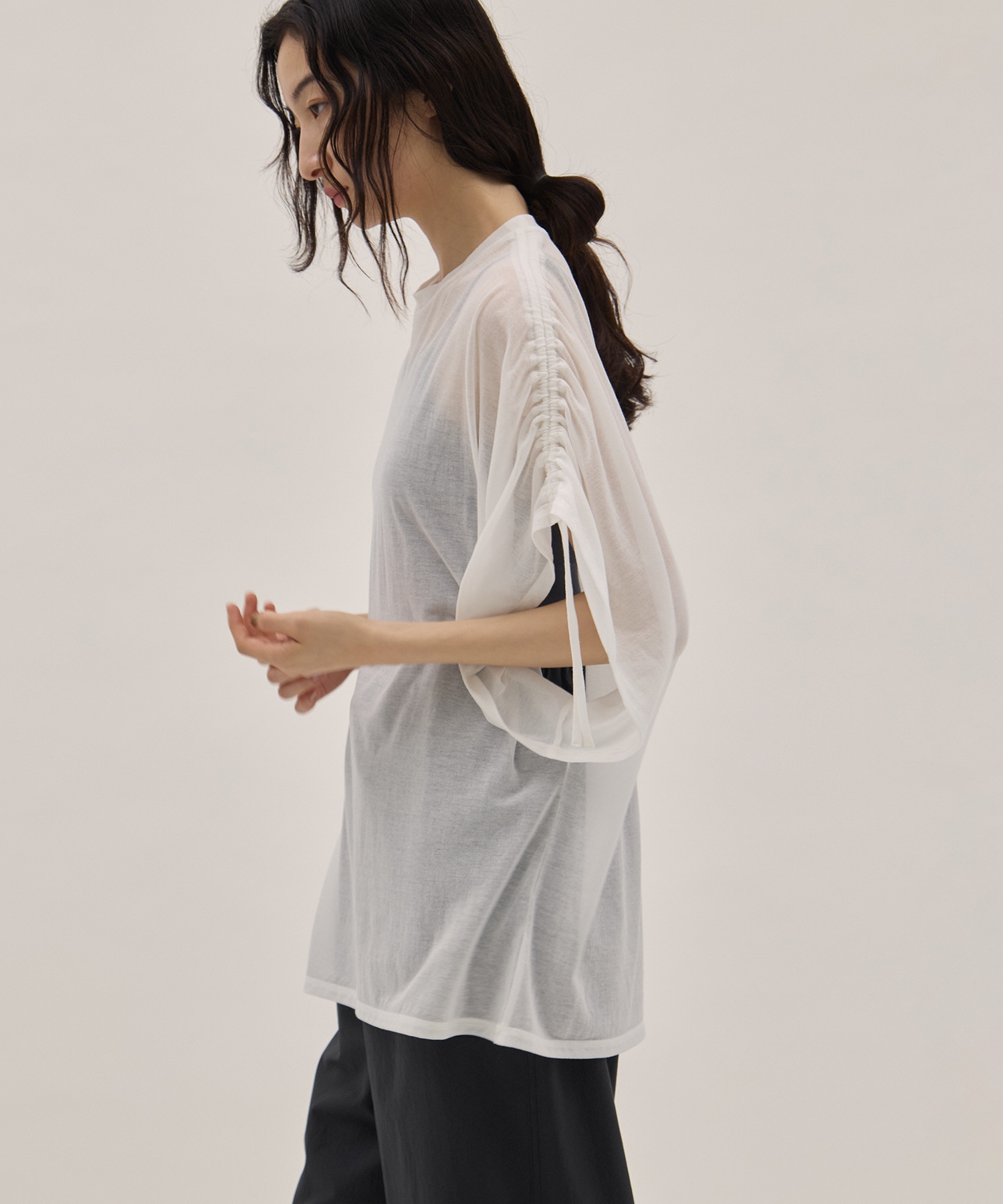 Sheer Jersey Gathered Shoulder Top PHEENY