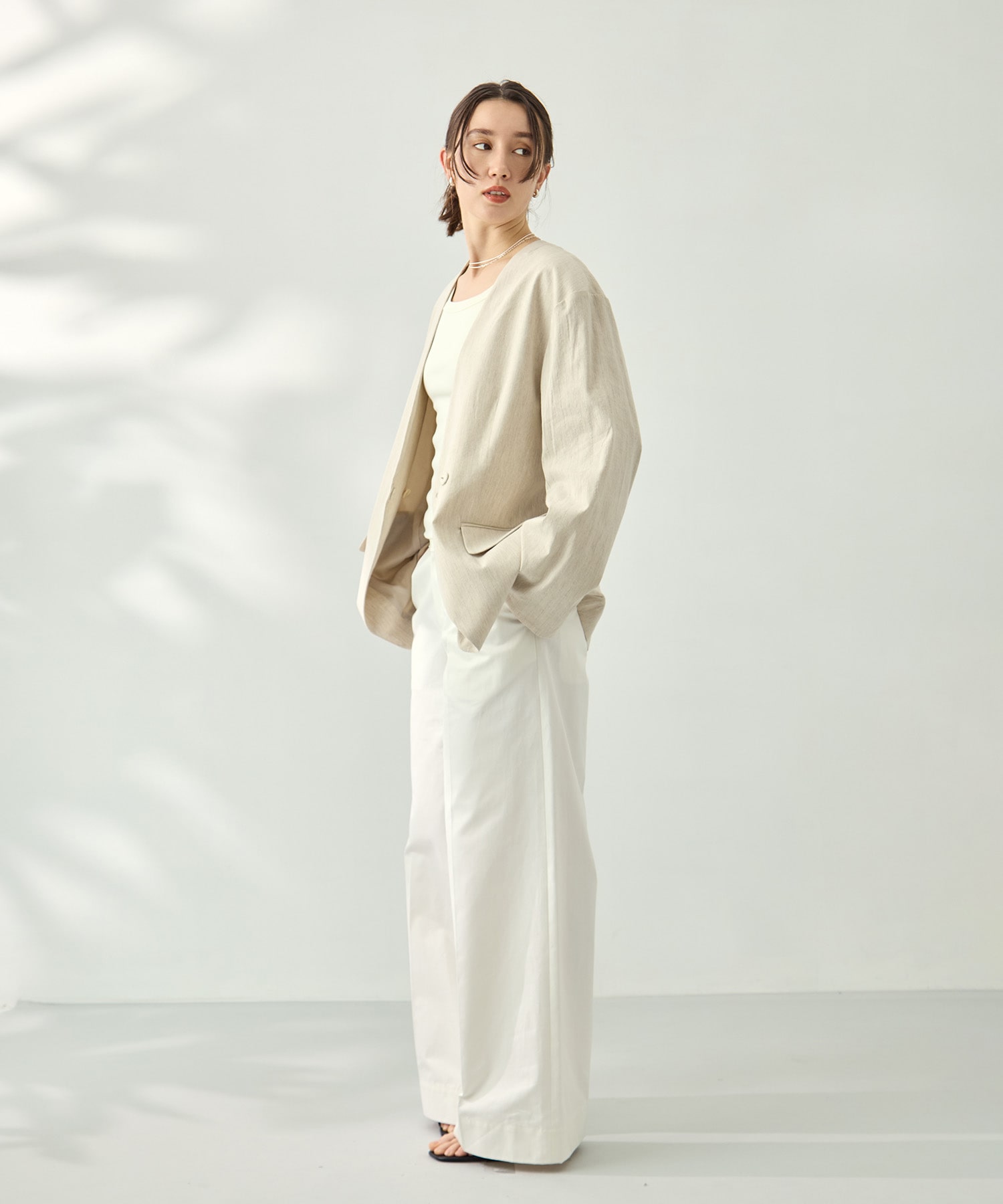 コットンリネンノーカラージャケット KEY TIMEZ