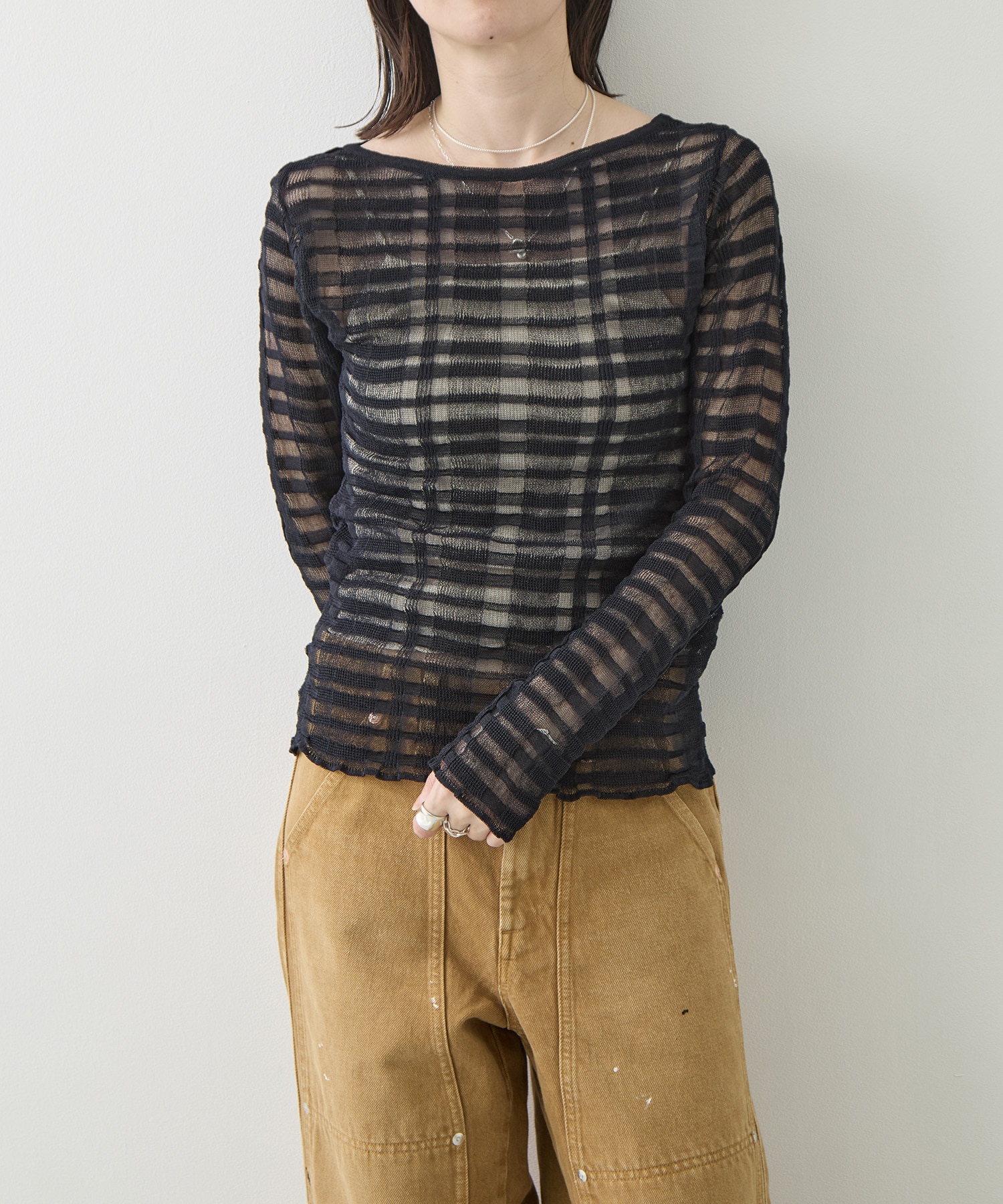 FLOWING CHECKED KNIT PULLOVER TAN