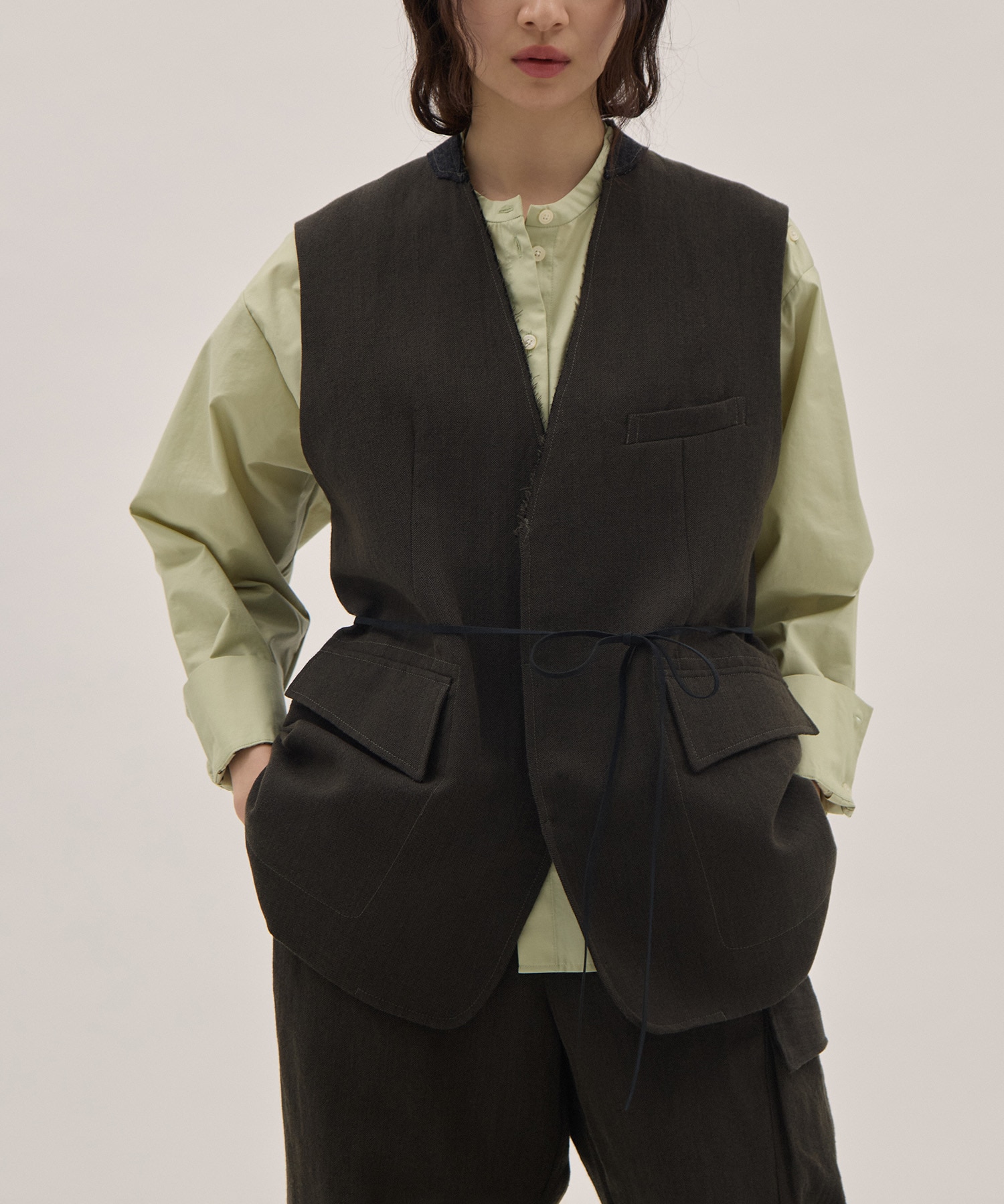 Wool Linen Herringbone Sleeveless Jacket PONTI