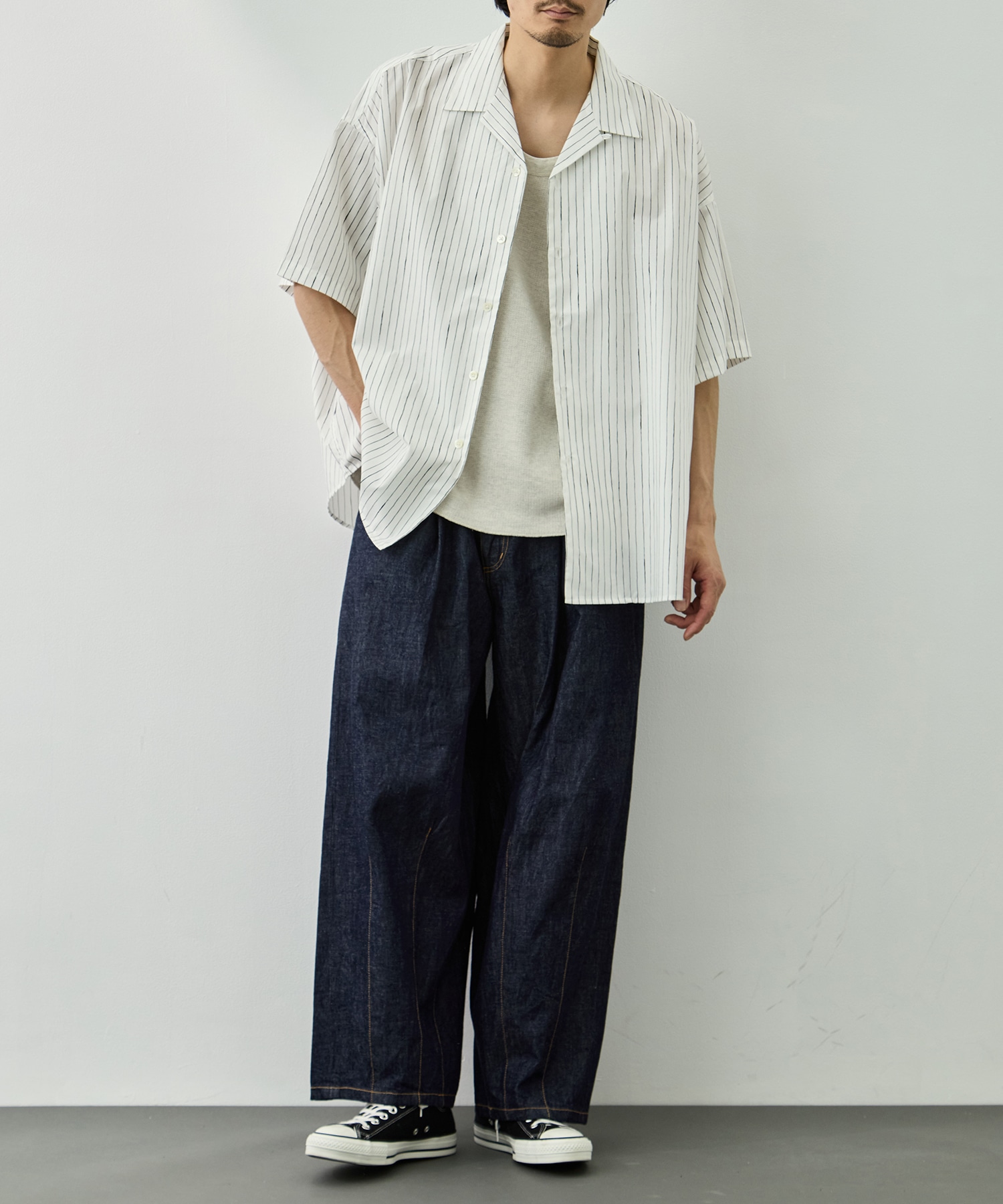 COTTON STRIPE OPEN COLLAR SS SHIRT S.F.C