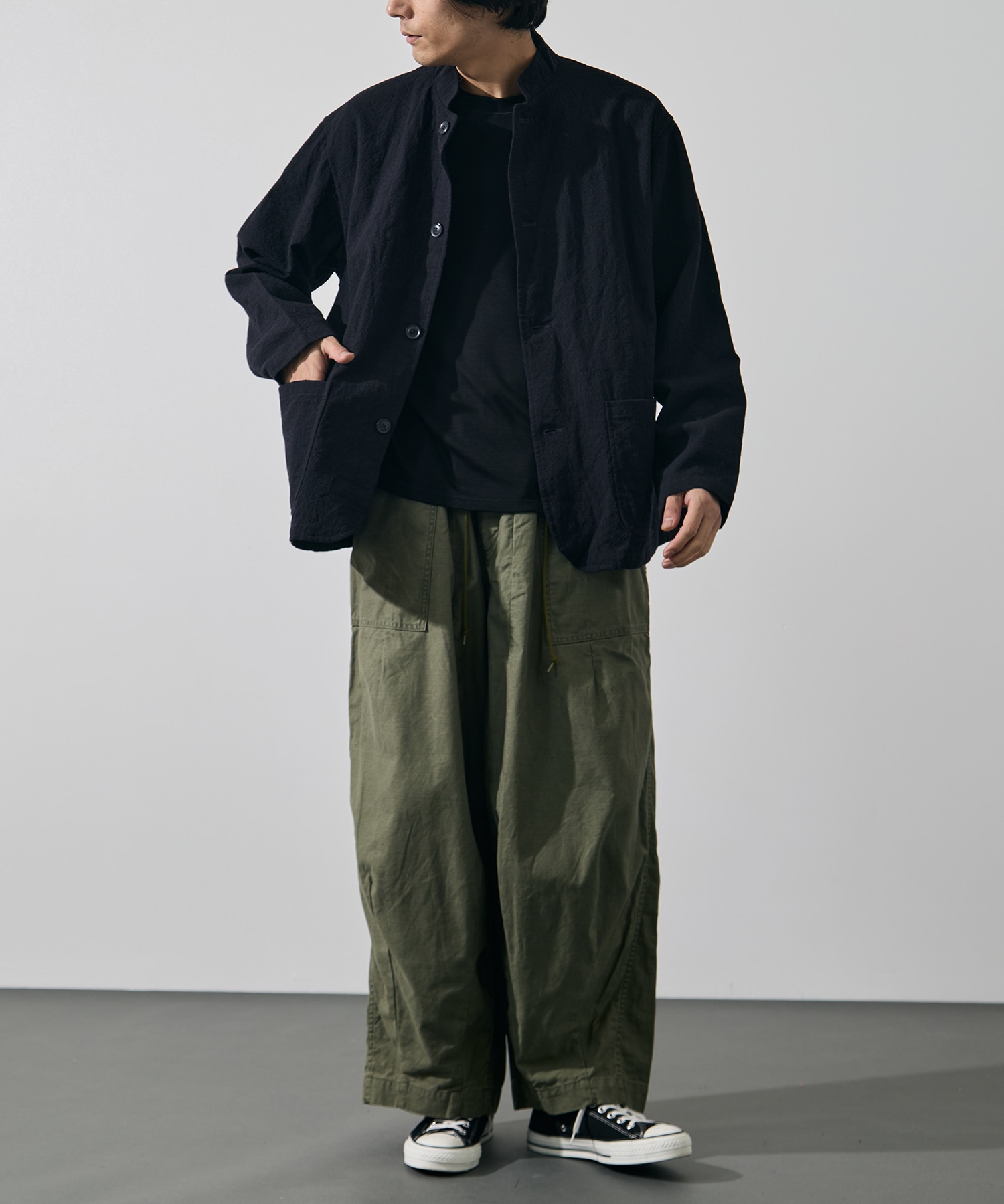 Stand Collar Jacket - Wool Diagonal Jacquard Needles
