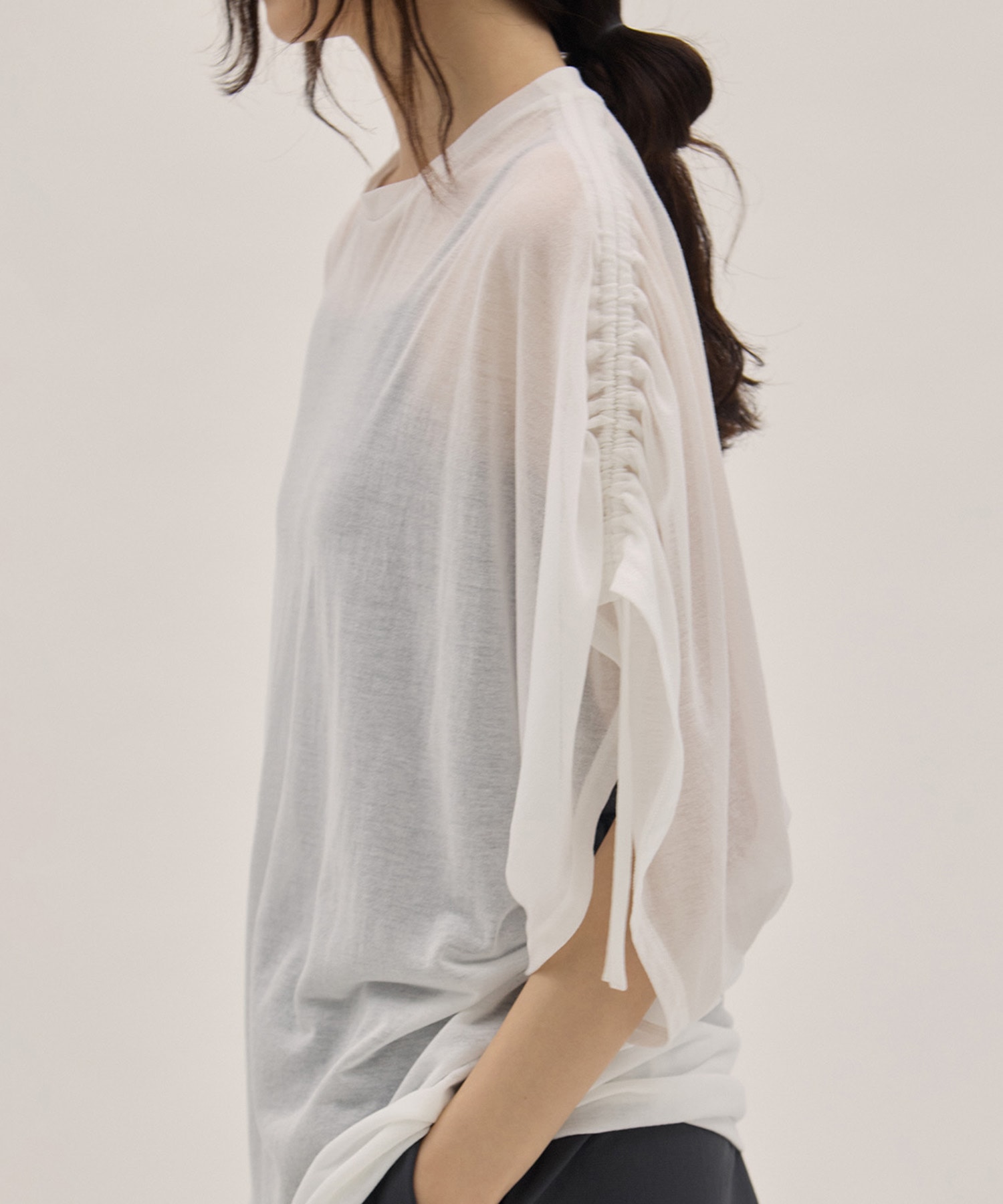 Sheer Jersey Gathered Shoulder Top PHEENY