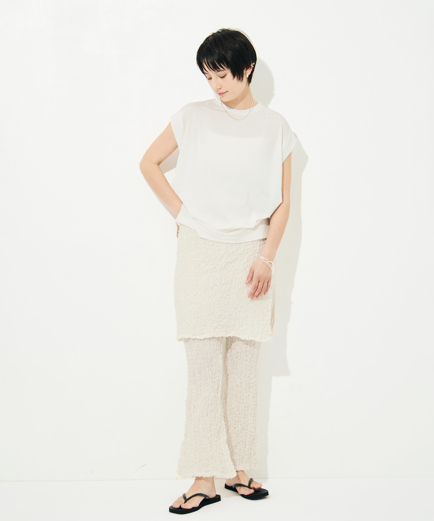 Shrink Lace Apron-Layered Flare Pants PHEENY