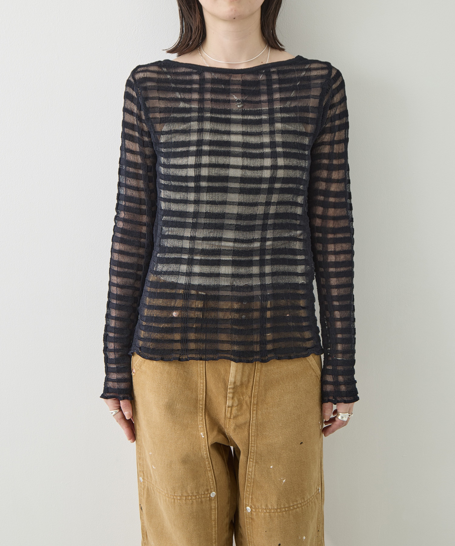 FLOWING CHECKED KNIT PULLOVER TAN