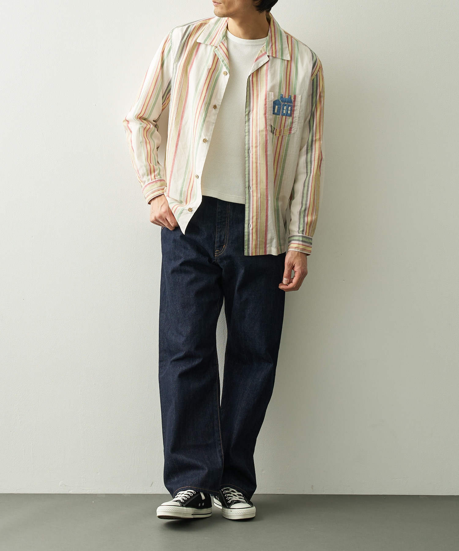 Hand-Embroidered Stripe Shirt KHOKI