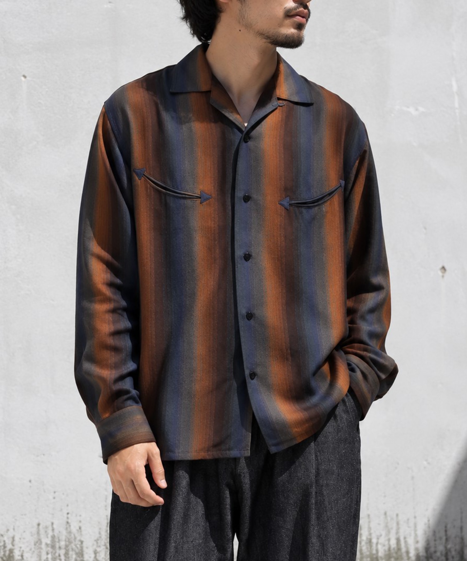 SMILE POCKET OPEN COLLAR SHIRTS -Wool Rayon Gradetion stripe- SEVEN BY SEVEN