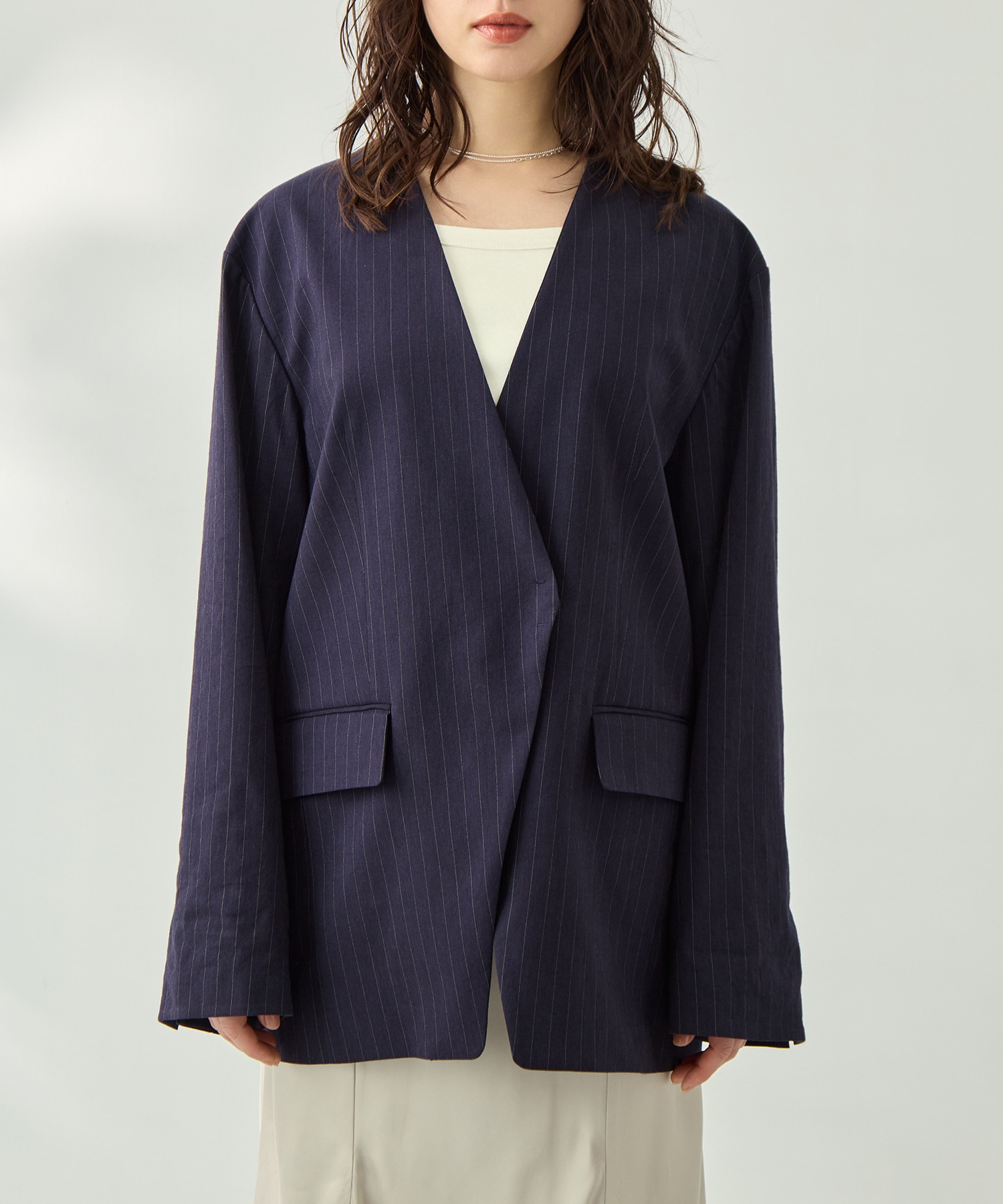 コットンリネンノーカラージャケット KEY TIMEZ