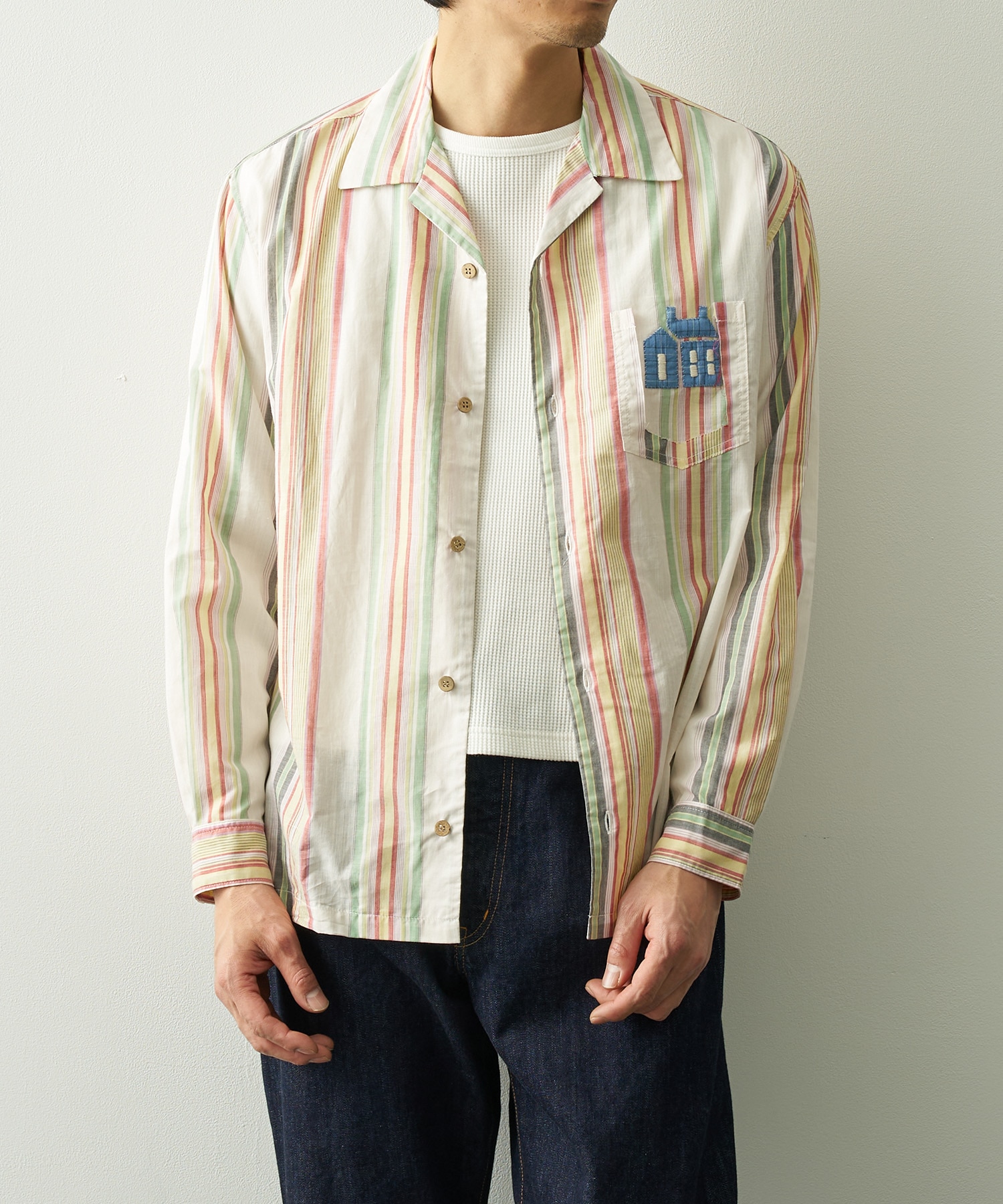 Hand-Embroidered Stripe Shirt KHOKI