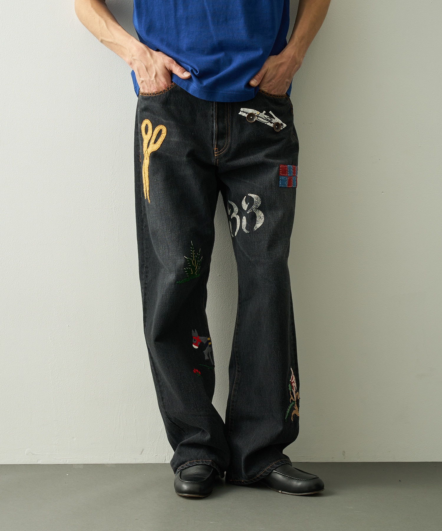 Hand-Embroidered Denim Pants KHOKI