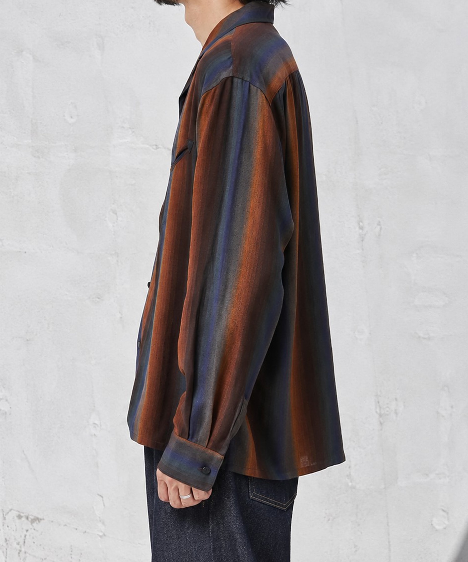 SMILE POCKET OPEN COLLAR SHIRTS -Wool Rayon Gradetion stripe- SEVEN BY SEVEN