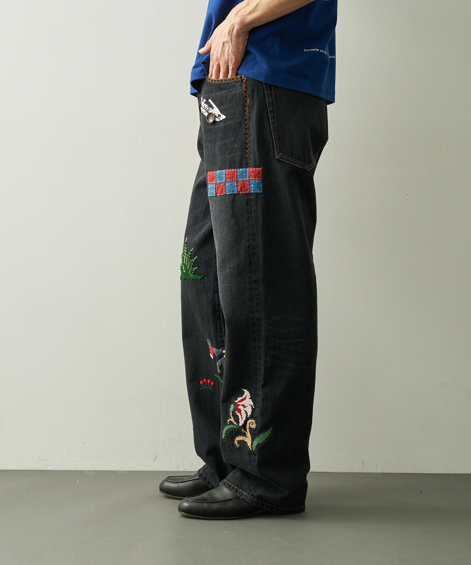 Hand-Embroidered Denim Pants KHOKI