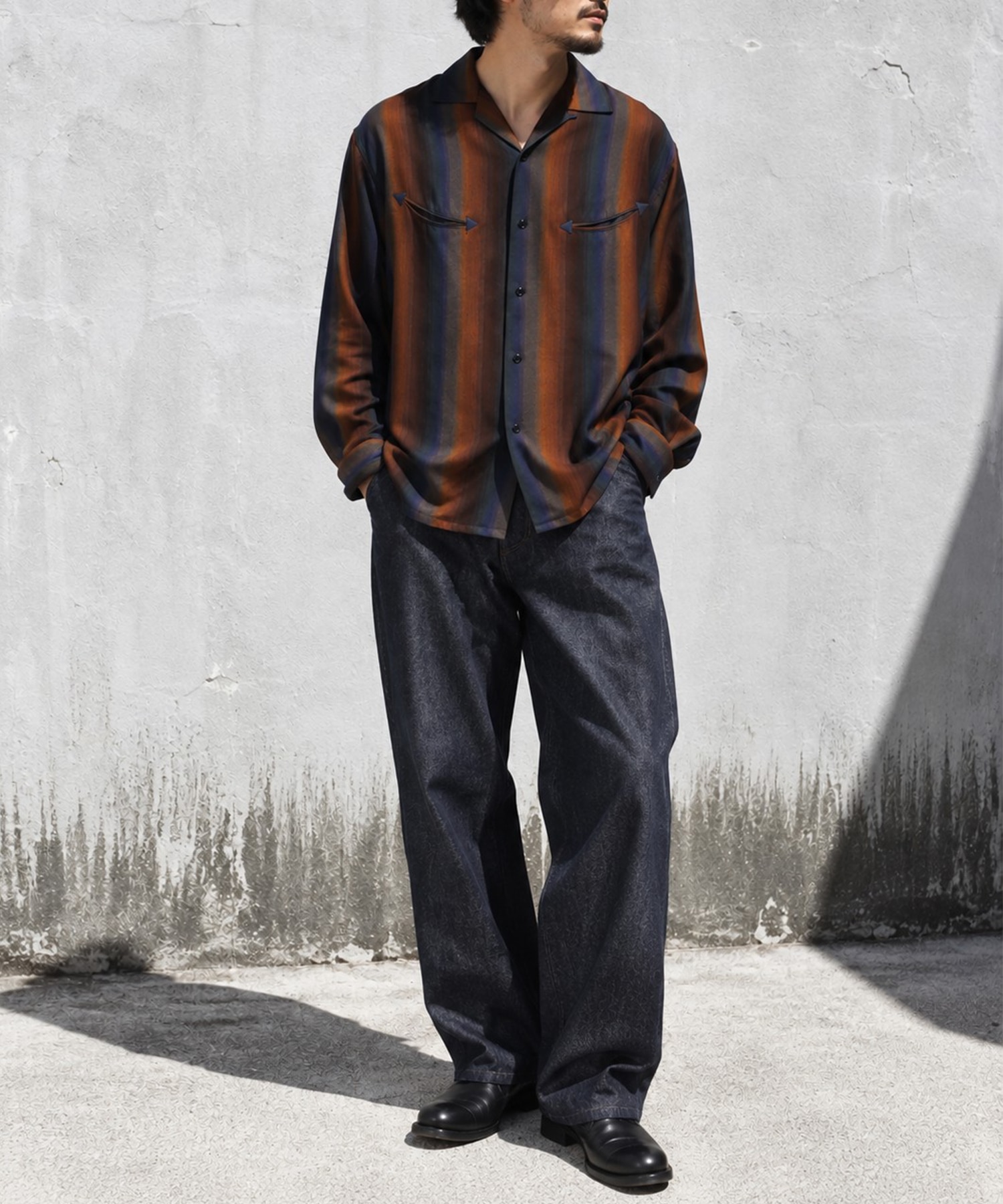 SMILE POCKET OPEN COLLAR SHIRTS -Wool Rayon Gradetion stripe- SEVEN BY SEVEN