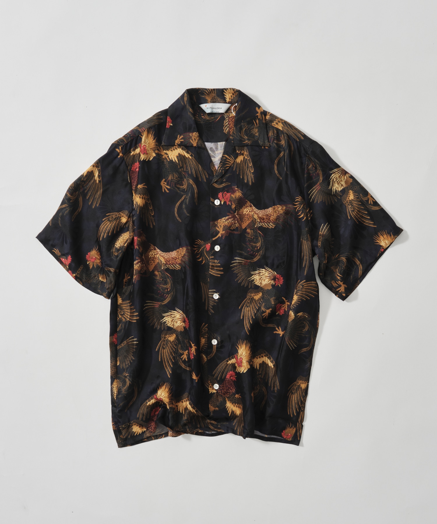 SILK SHORT SLEEVE ALOHA SHIRT〈COCK FIGHTING/ BLACK BLUE〉