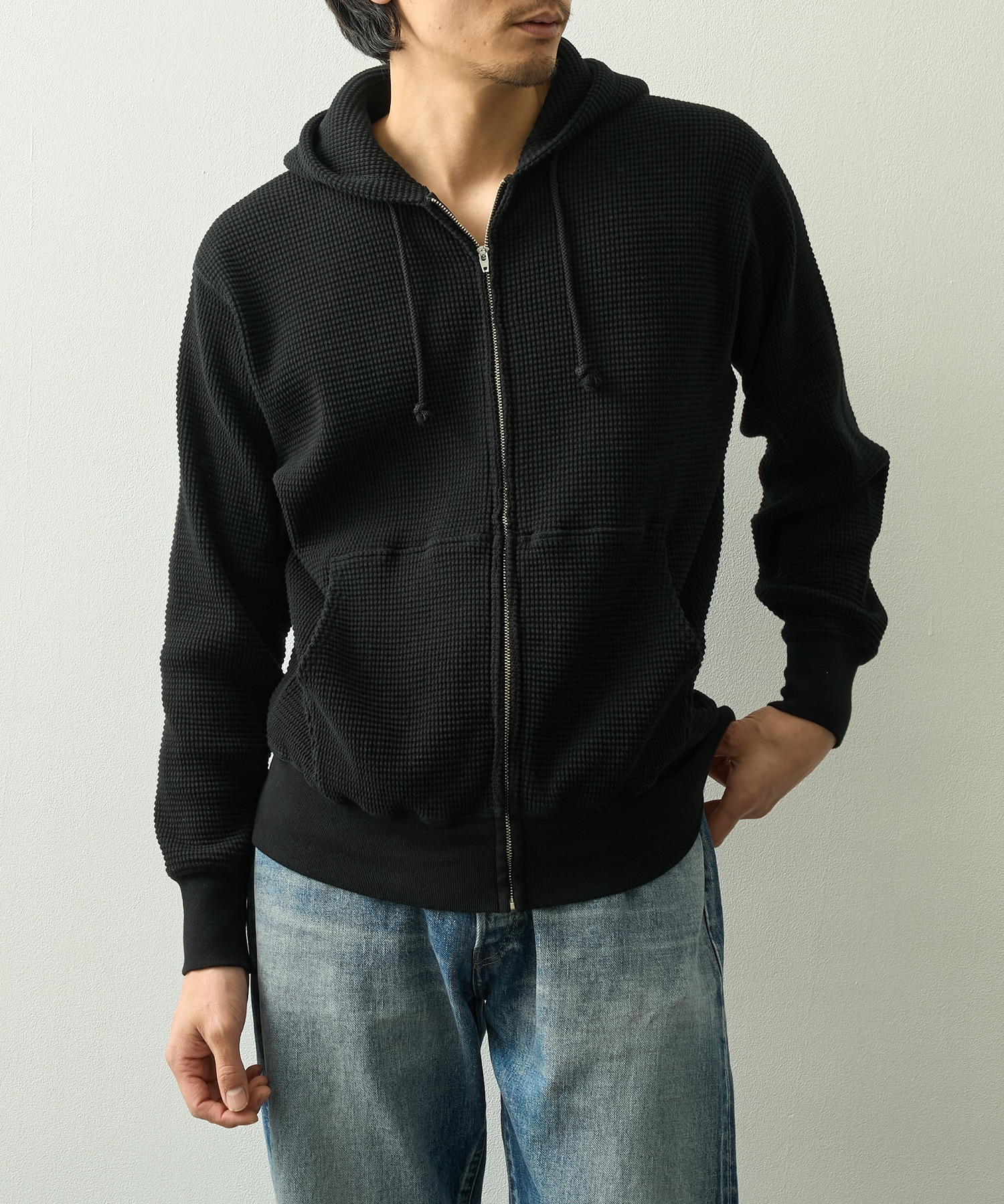 WAFFLE SWEAT HOODED ZIP