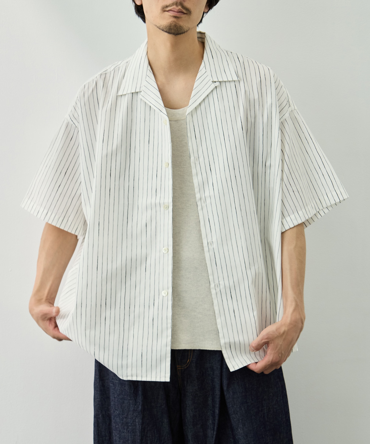 COTTON STRIPE OPEN COLLAR SS SHIRT