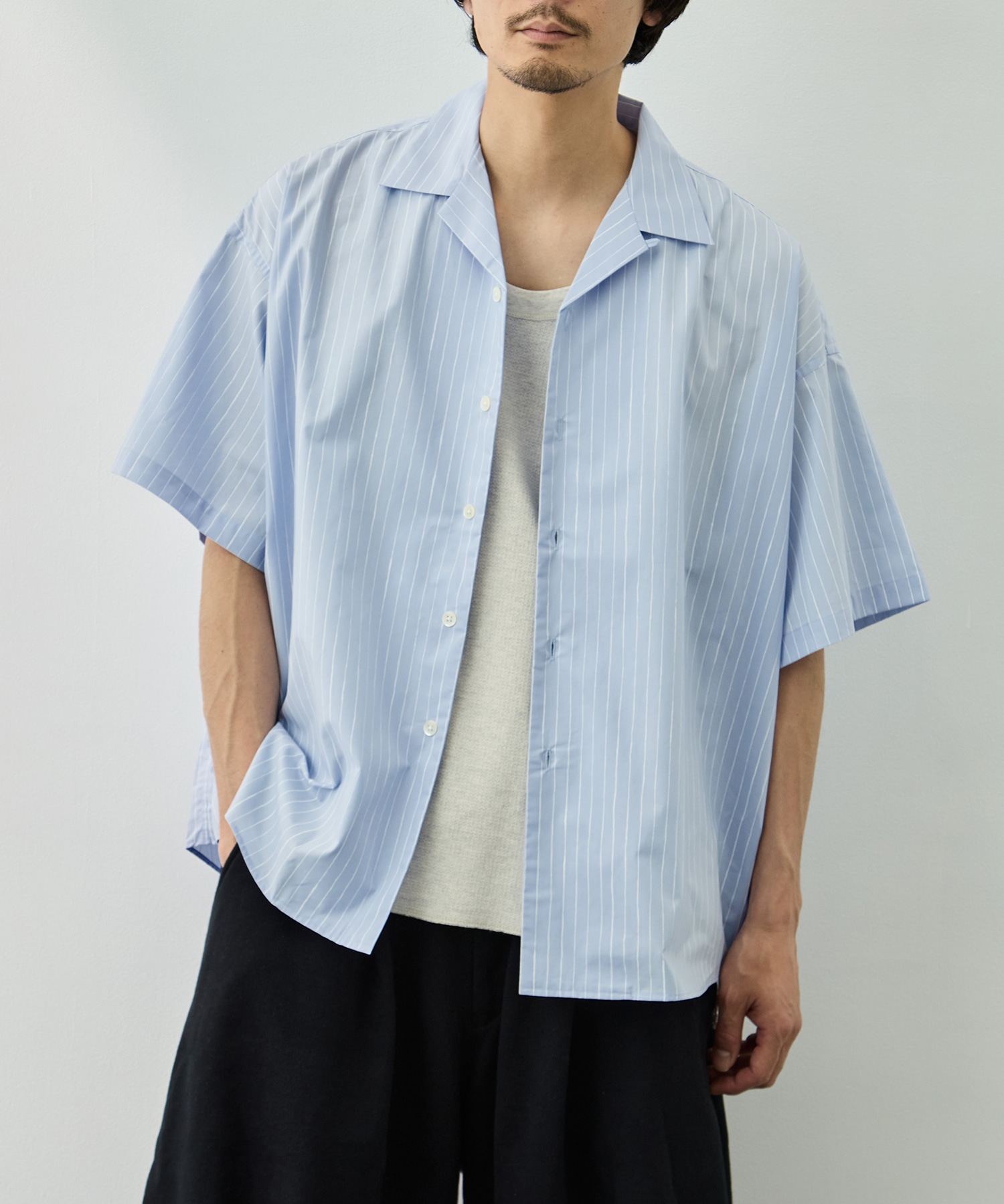 COTTON STRIPE OPEN COLLAR SS SHIRT