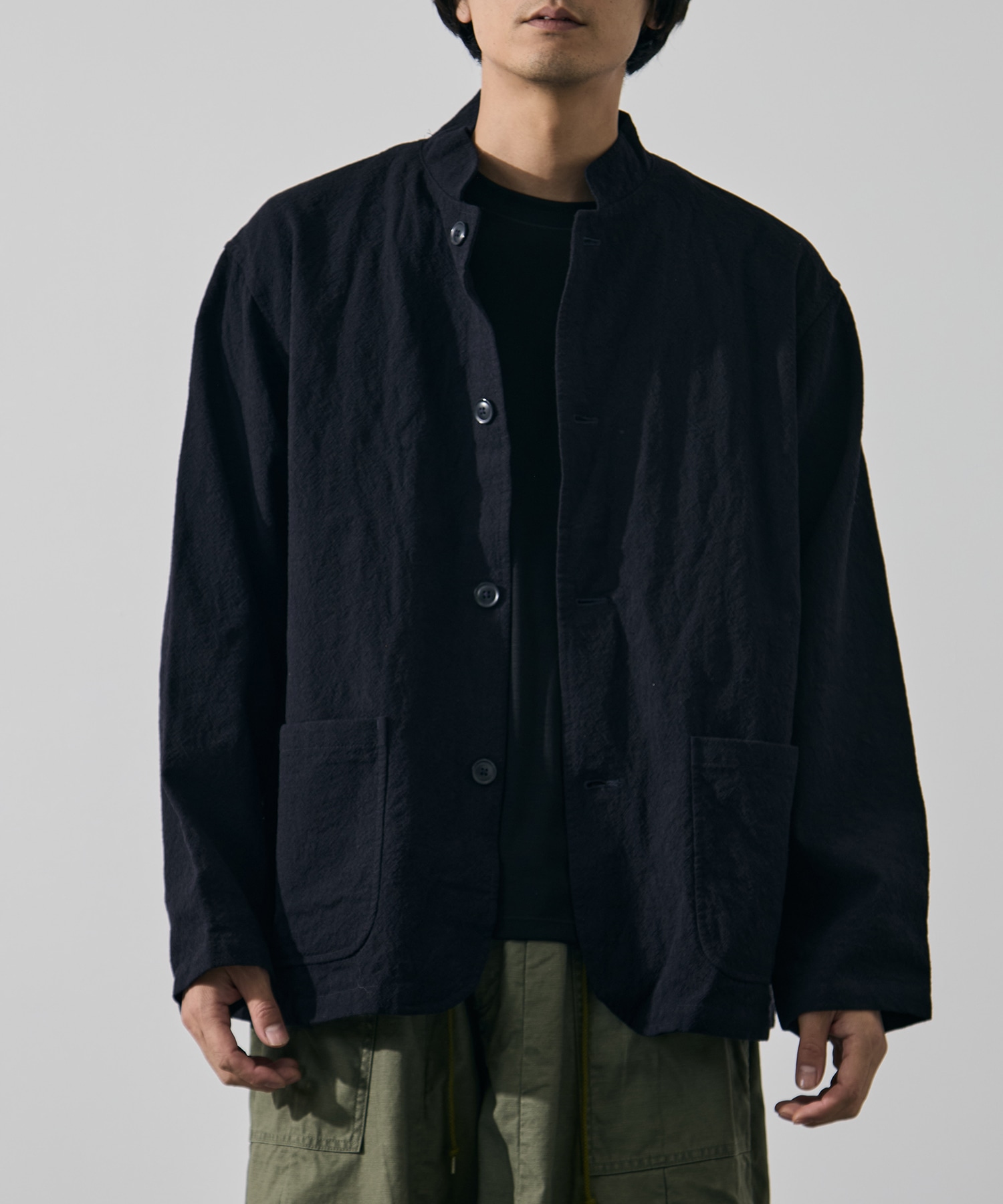 Stand Collar Jacket - Wool Diagonal Jacquard