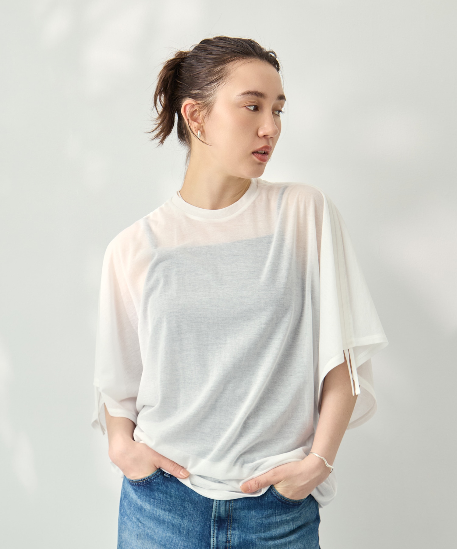Sheer Jersey Gathered Shoulder Top