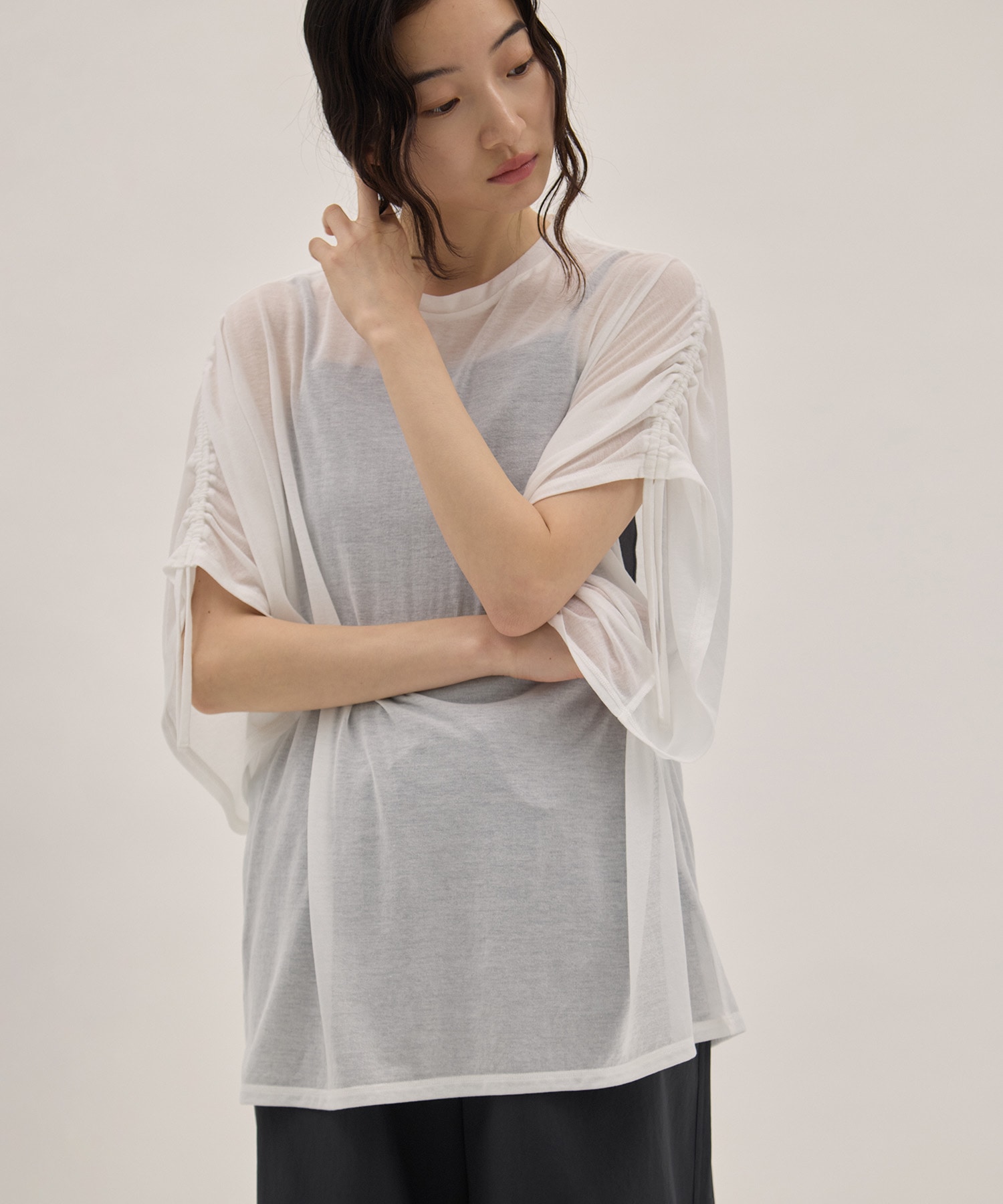 Sheer Jersey Gathered Shoulder Top