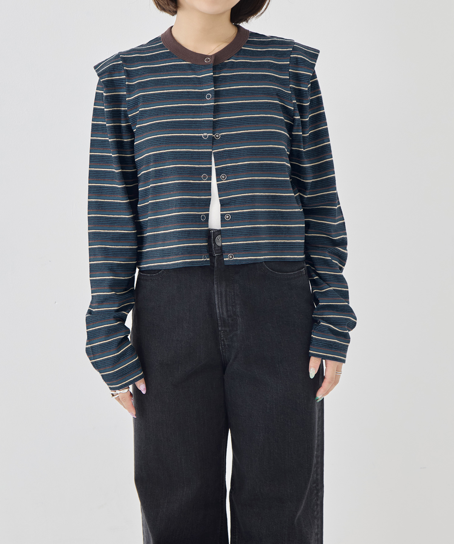 Multi-Border Tucked Shoulder Cardigan