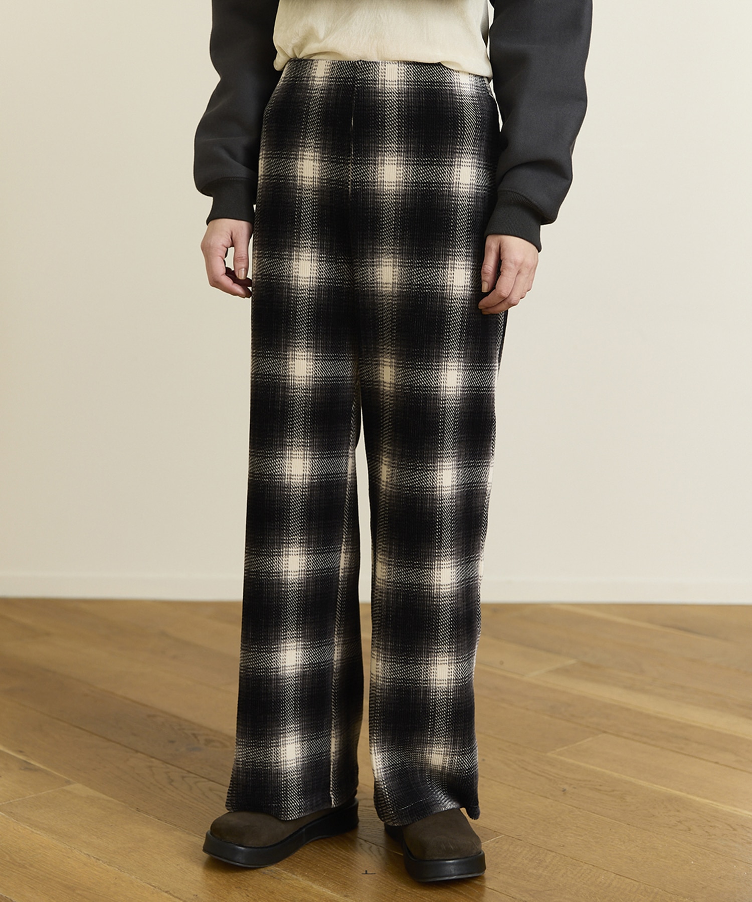 Ombre Check Stretch Corduroy Wide Pants