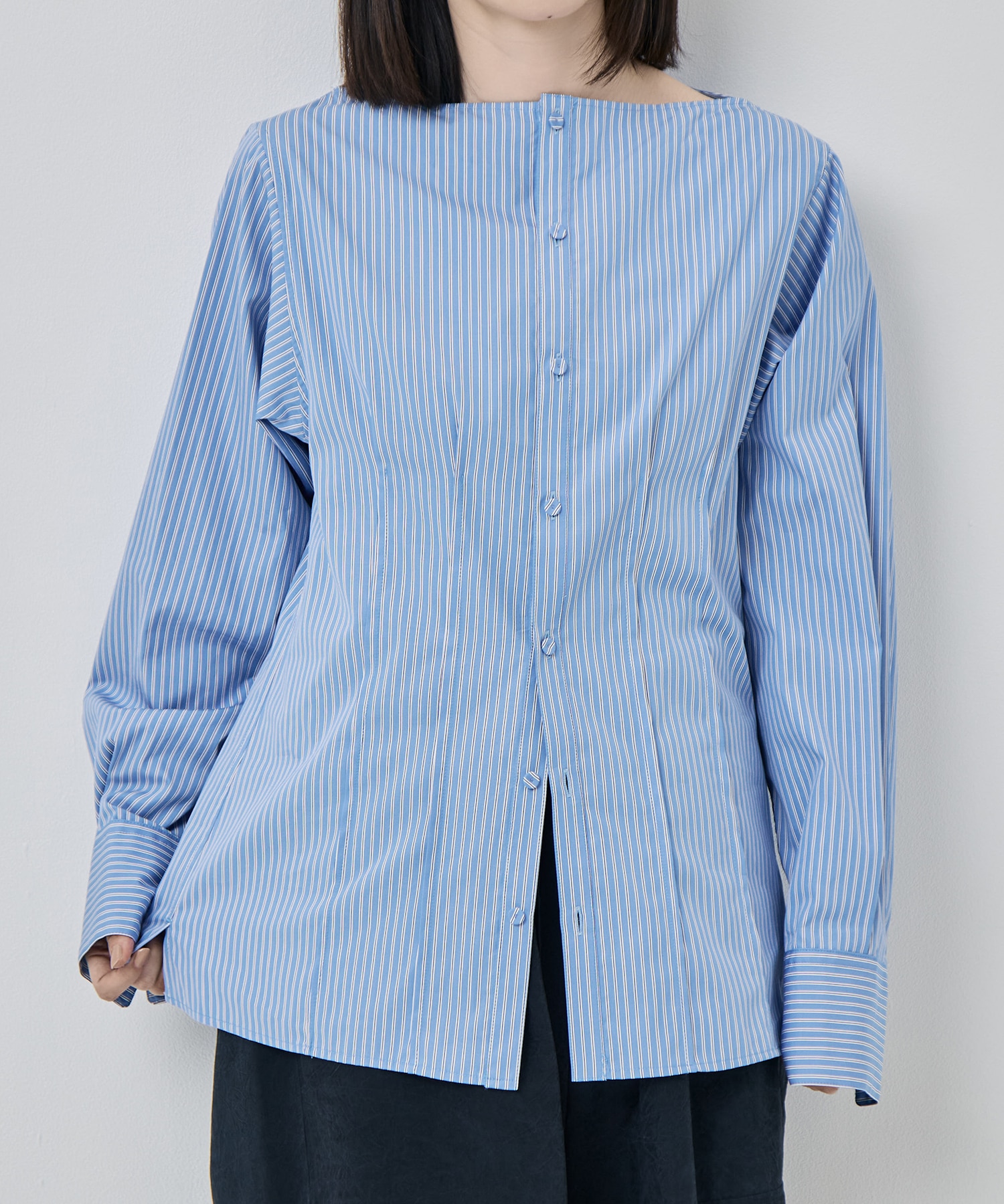 STRIPE WASHED COTTON BROAD BOATNECK SHAPE BLOUSE