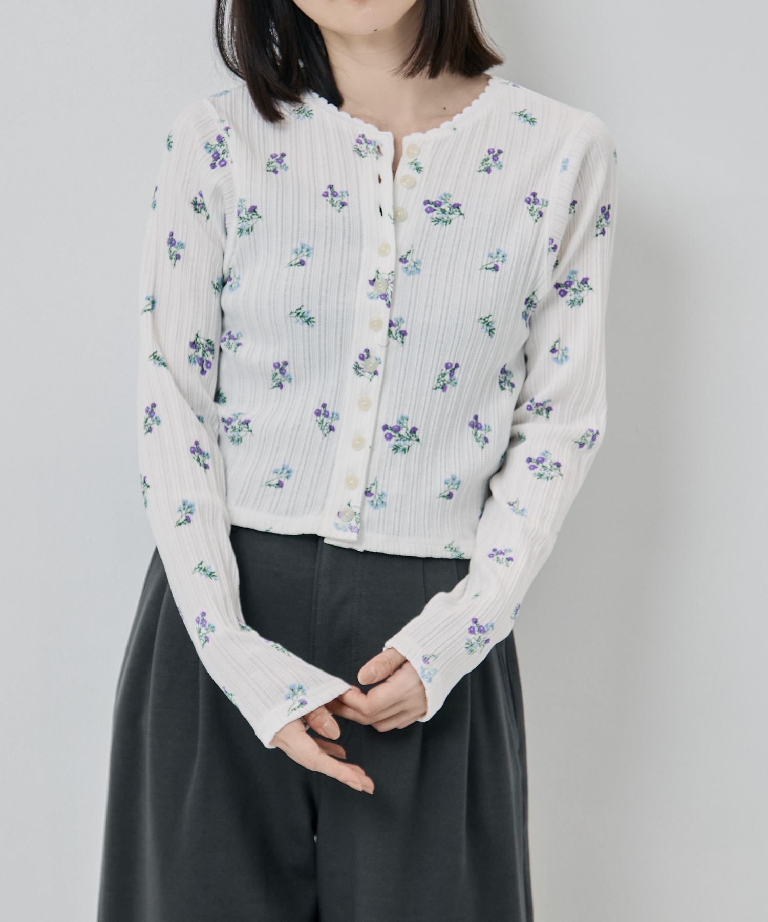 COTTON EYELET RIB FLOWER CARDIGAN